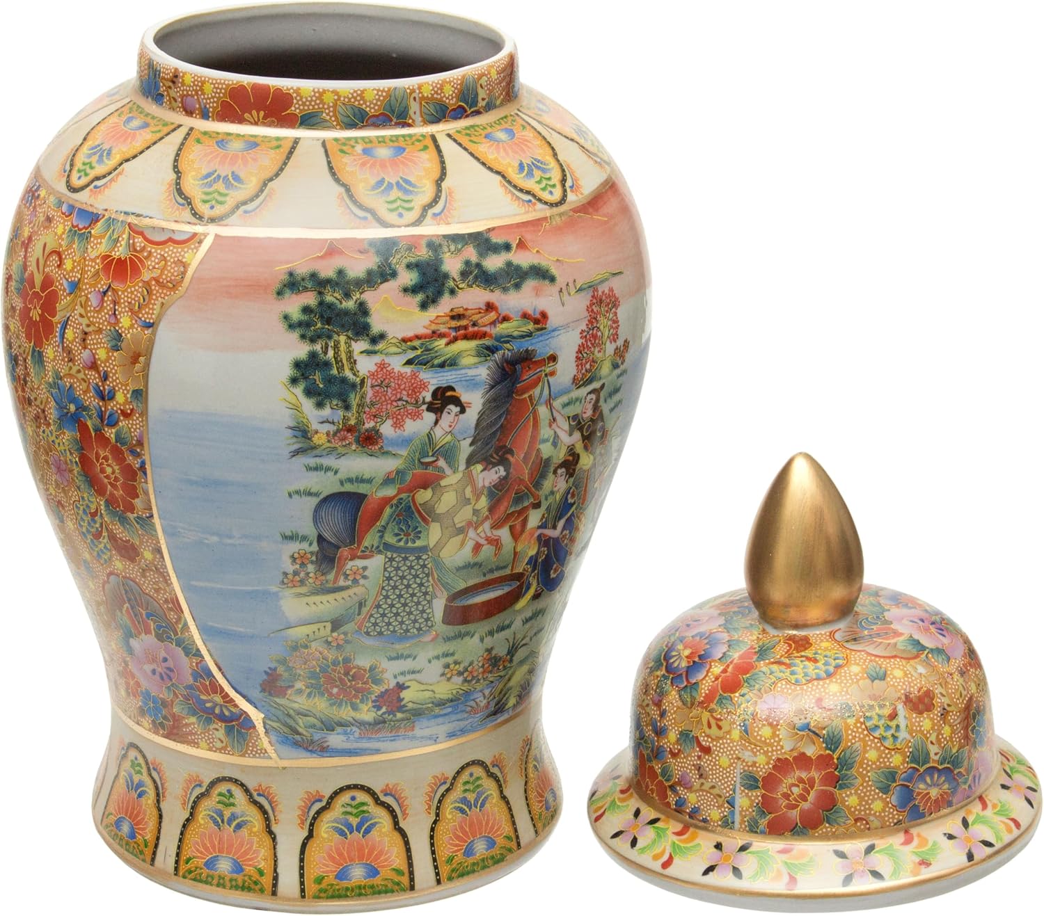 Red Lantern Tarro de templo de porcelana de caballo en prado de 18″