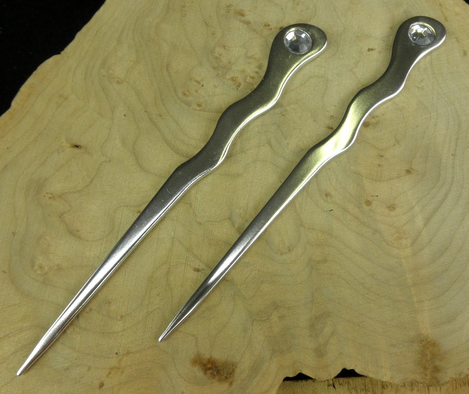 (2) Palillos de pelo en espiral de metal de aluminio anodizado de 6 pulgadas de largo con diamantes de imitación transparentes, horquilla de púa –