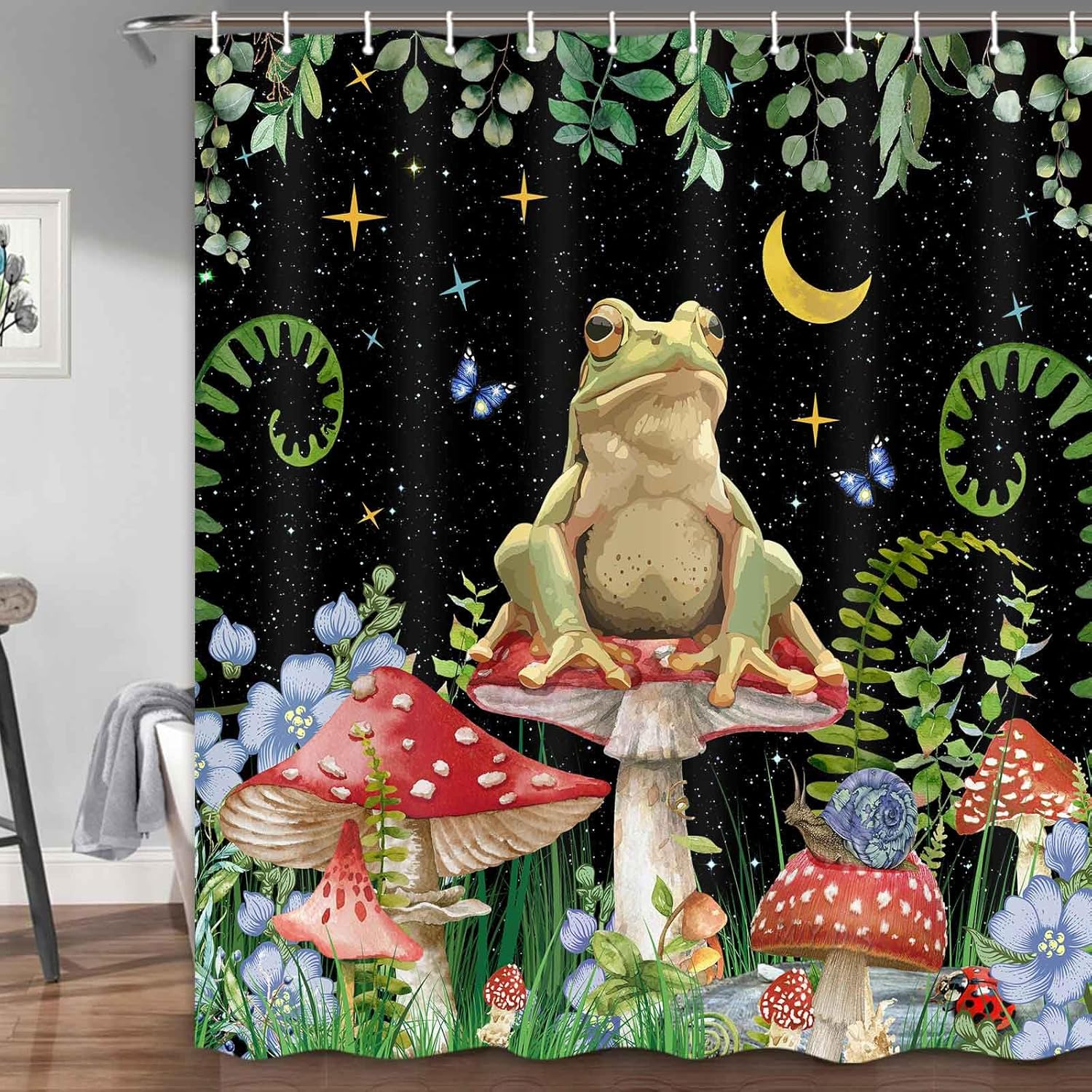 JAWO Cortina de ducha de hongos, cortinas de ducha bohemias con diseño floral, diseño de rana divertida, juego de accesorios de baño con ganchos, 69