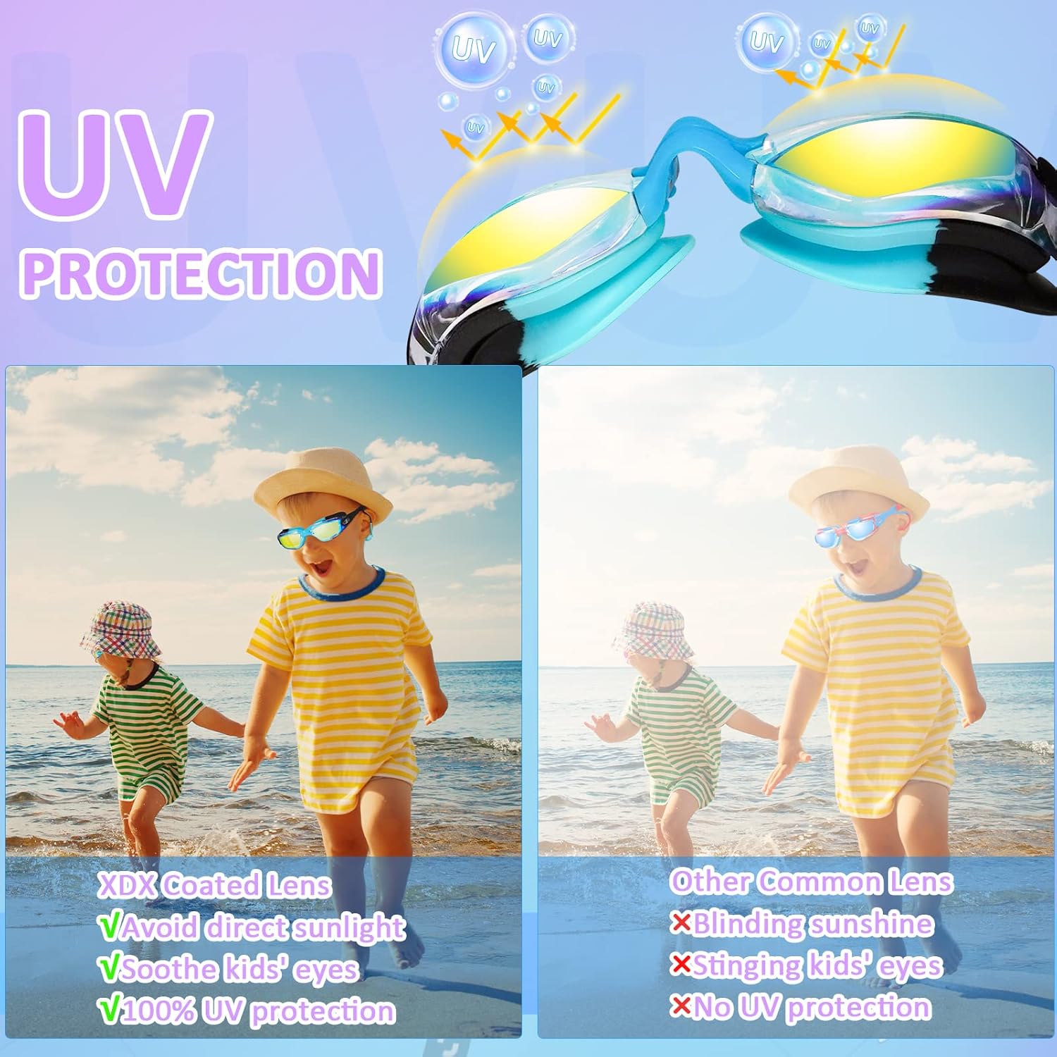 XDX Gafas de natación para niños, paquete de 2 gafas de natación para niños con protección UV, antiniebla sin fugas para niños, niñas, adolescentes