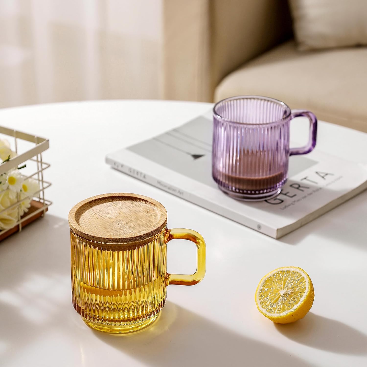 Lysenn Taza de café de vidrio con tapa, taza de té de vidrio clásica con rayas verticales de alta calidad, para leche, té, chocolate, jugo, agua,