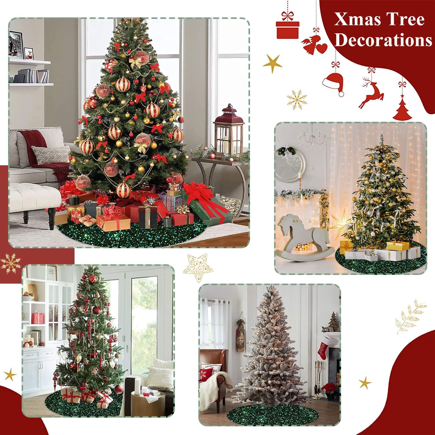 FUHSY Falda de árbol de Navidad de 36 pulgadas, falda de árbol de lentejuelas verde y negra, alfombrillas gruesas de terciopelo para árbol de
