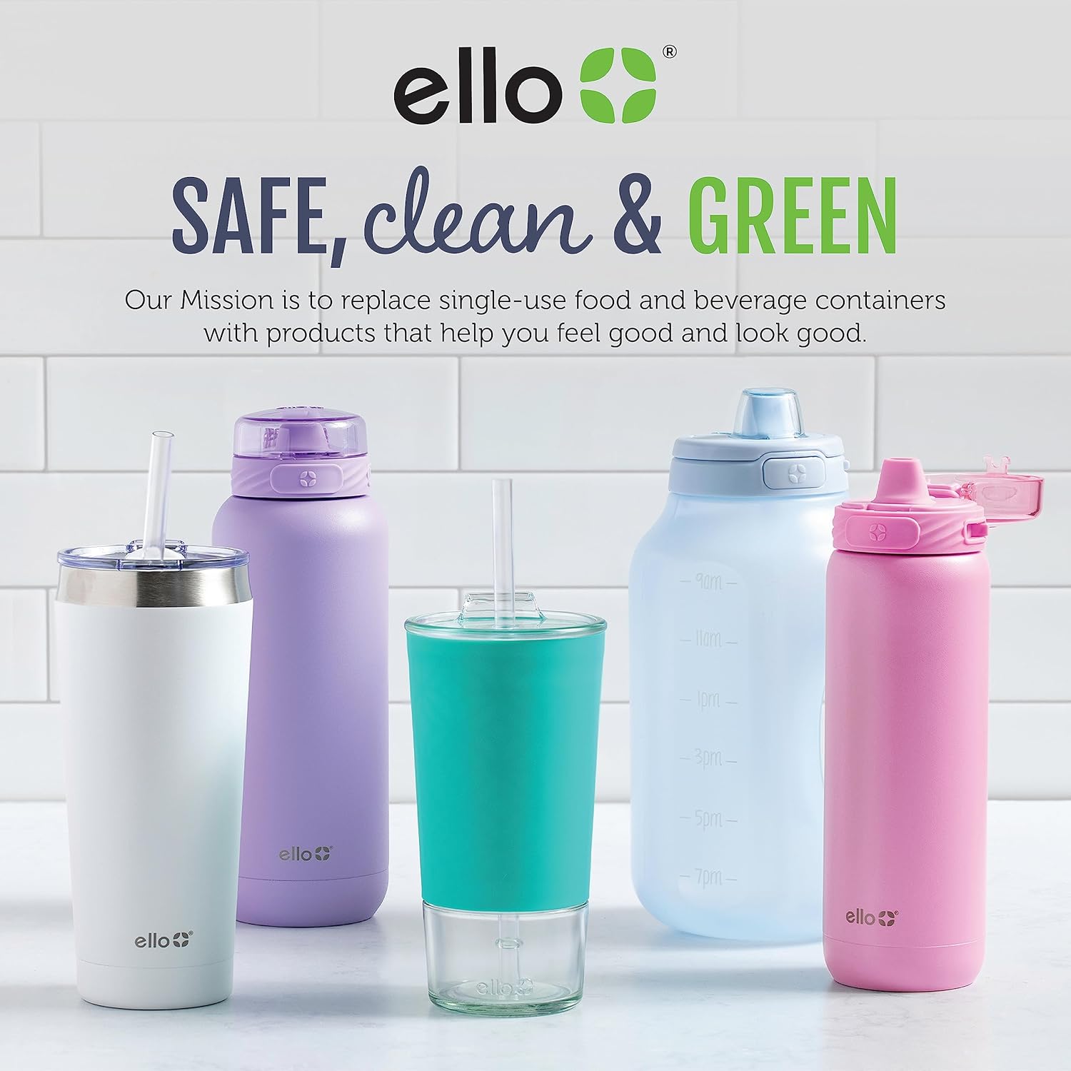 Ello Monterey – Vaso de plástico aislado de doble pared con popote y posavasos integrados, sin BPA, 24 onzas