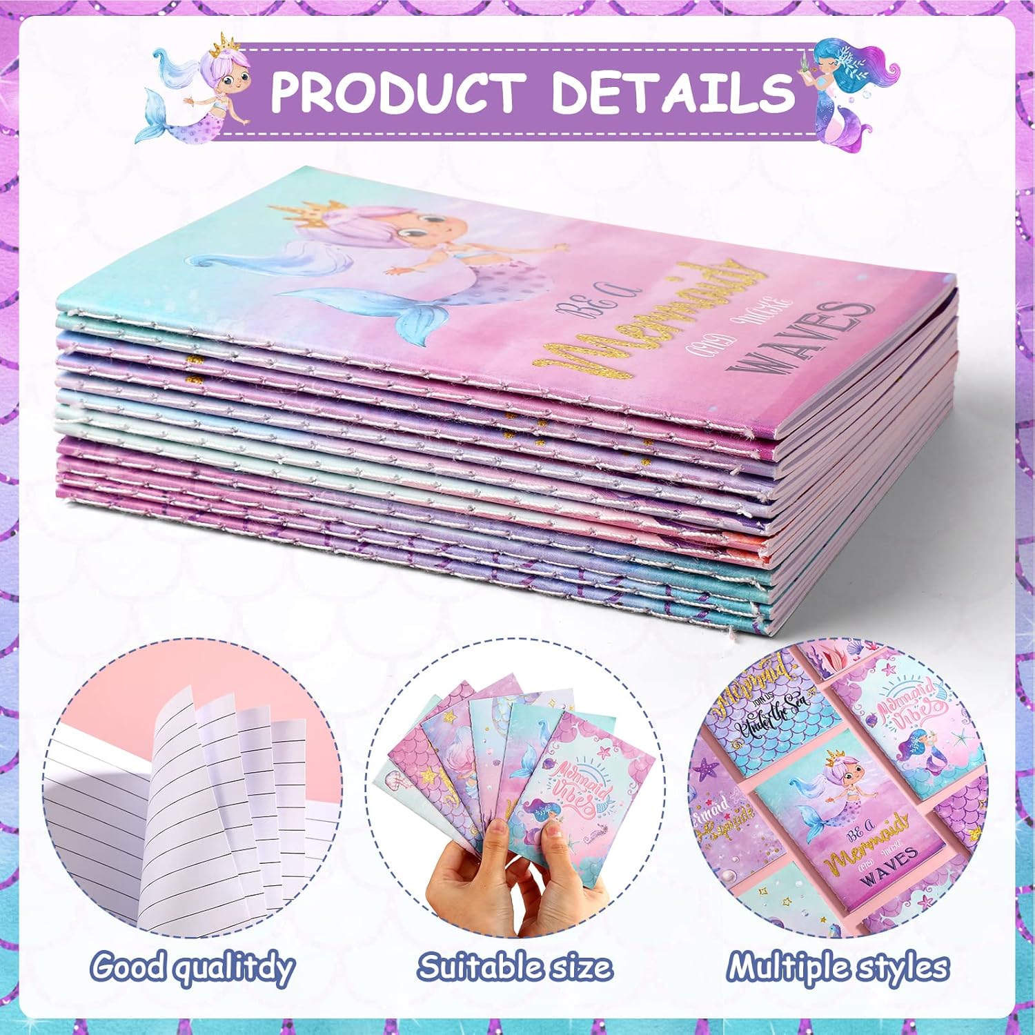 48 cuadernos y bolígrafo de sirena de 5 pulgadas, 24 bonitos bloc de notas de escamas de sirena, 24 bolígrafos negros de sirena para decoraciones de
