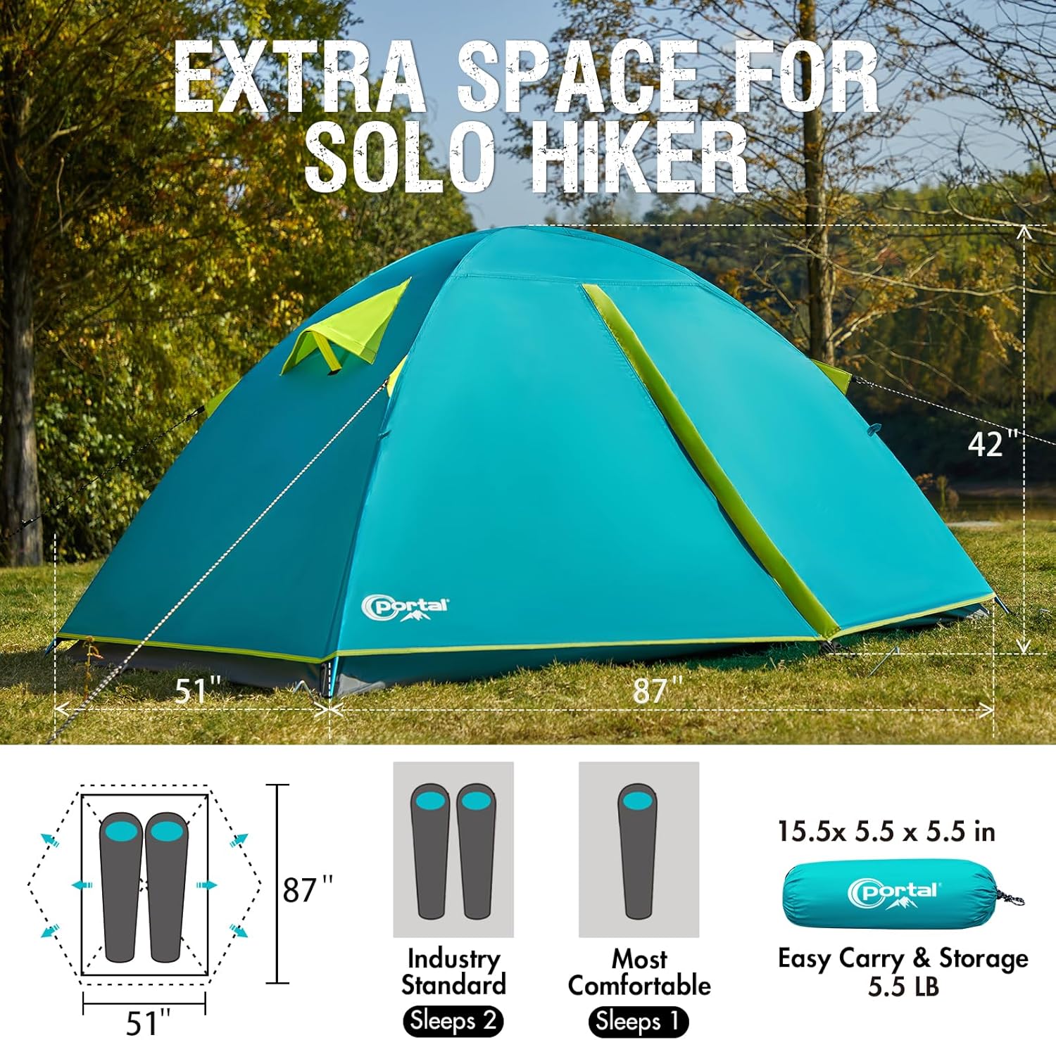 PORTAL 23 Person Backpacking Tent, 3 Season Ultralight Hiking Tent, Lightweight Water Resistant Camping Tent with Two Wide Door, Extra Space