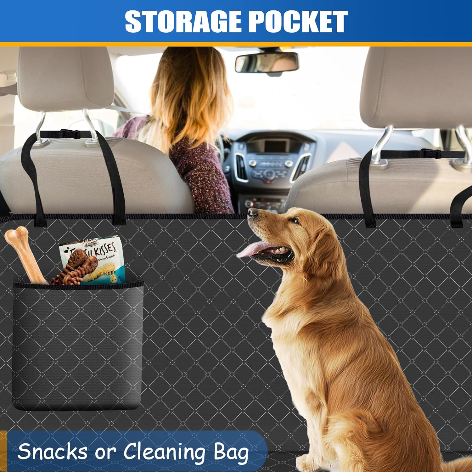 WoofKnows Funda de asiento de automóvil para perro para asiento trasero, funda de asiento para perro con bolsillo de almacenamiento, hamaca para