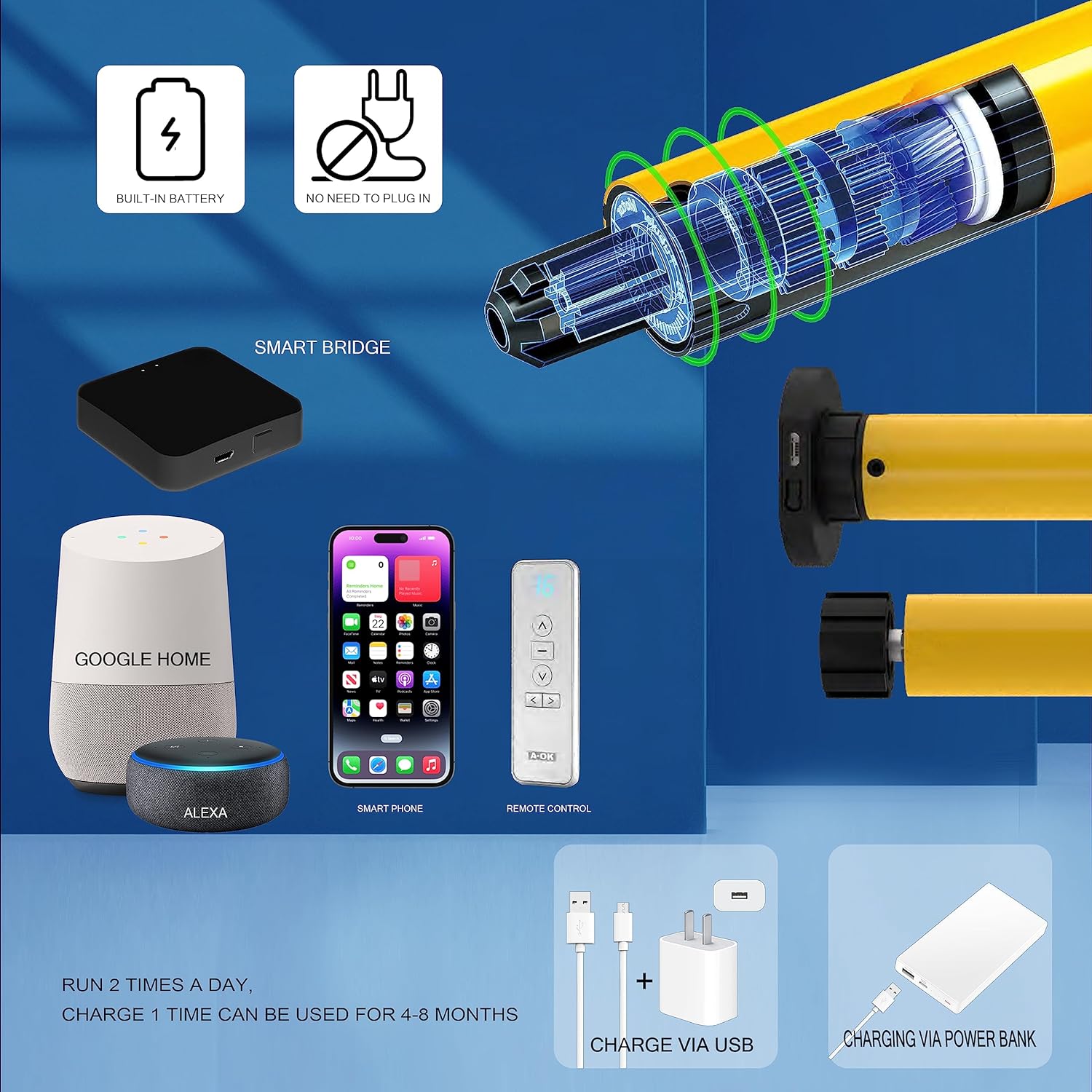 Persianas enrollables motorizadas con control remoto (persianas de ventanapersianas) con batería recargable incorporada. Smart Home compatible con