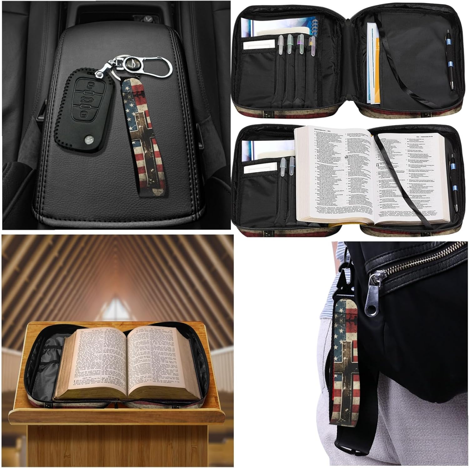 GELEGLAER Funda de cuero para Biblia con diseño de bandera de Estados Unidos con almacenamiento para bolígrafo, organizador de papelería de