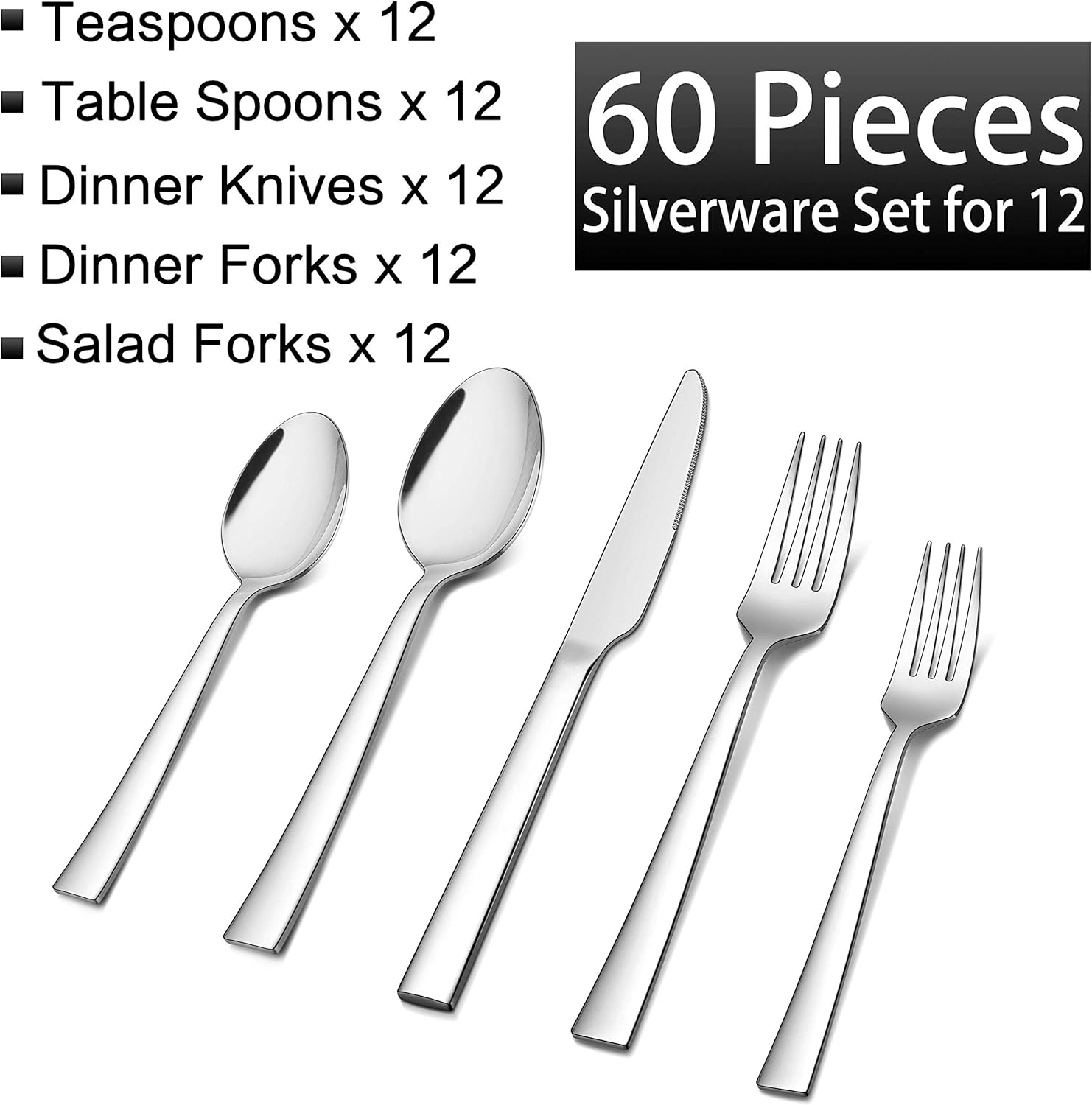 Homikit Juego de cubiertos de 60 piezas de cubiertos cuadrados de acero inoxidable para 12, utensilios de comida, incluye cuchillo, cuchara y