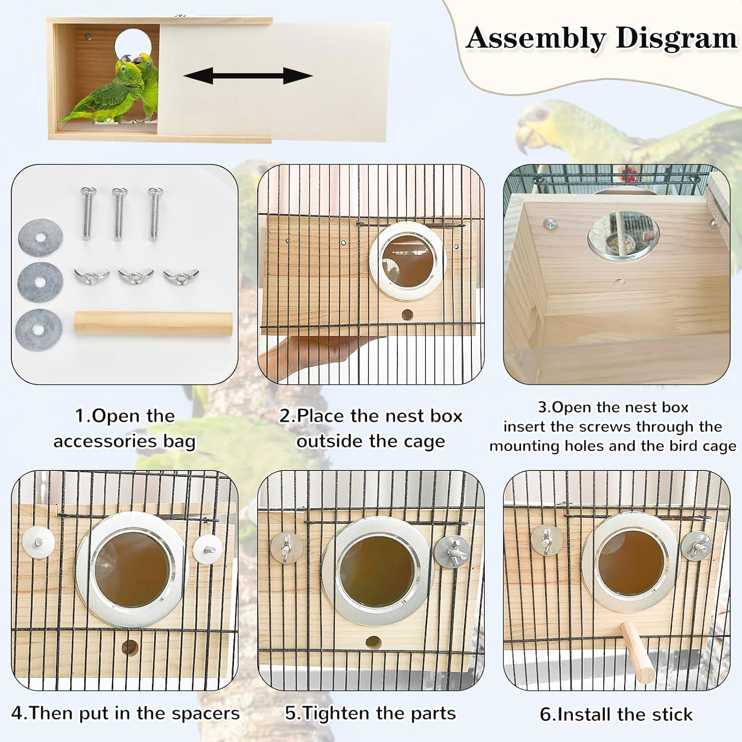 CooShou Caja anidadora de periquitos para cacatúas, pino natural, nido de pájaros, caja de cría de pájaros, caja de acrílico transparente para