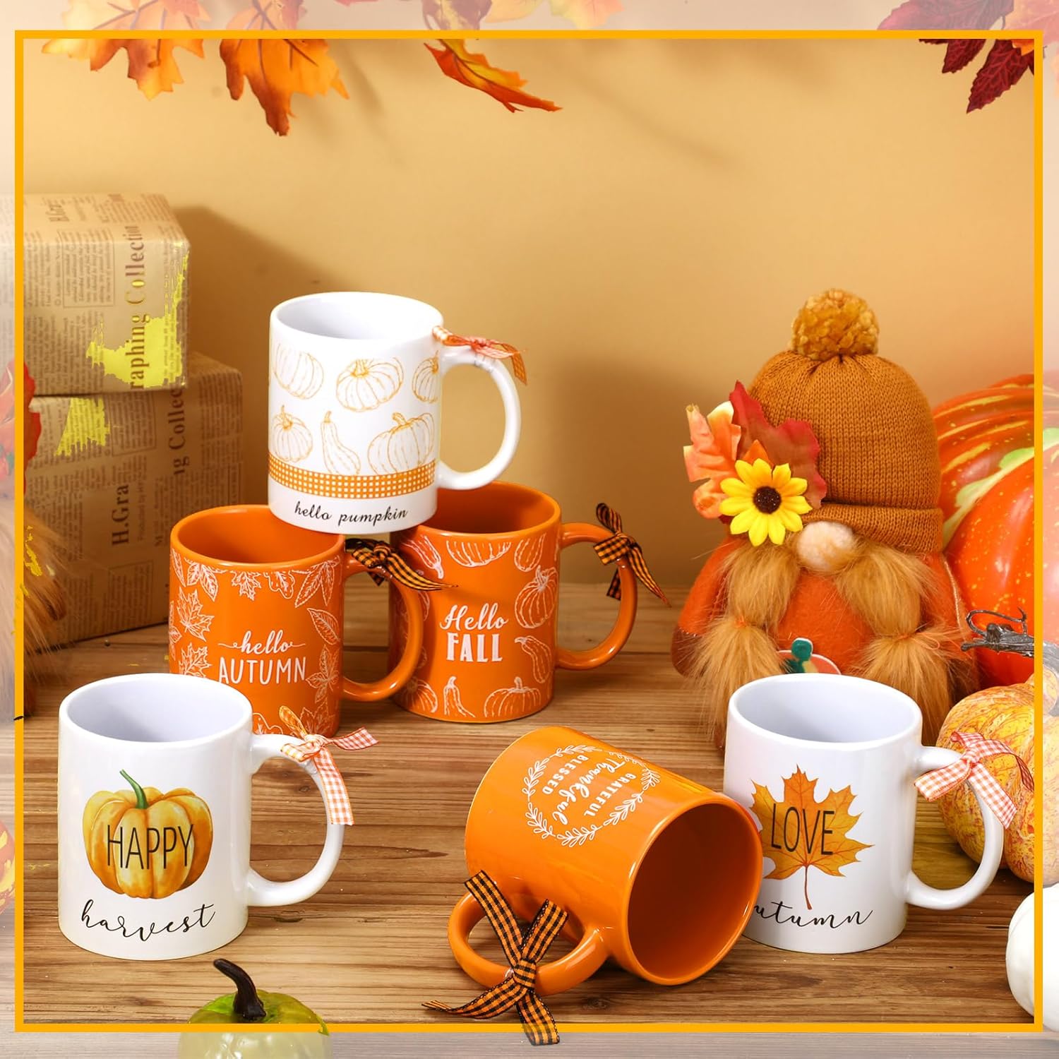 Juego de 6 tazas de café de 11 onzas para Acción de Gracias, regalos de otoño, tazas de café de cerámica, diseño de hojas de arce, decoración de