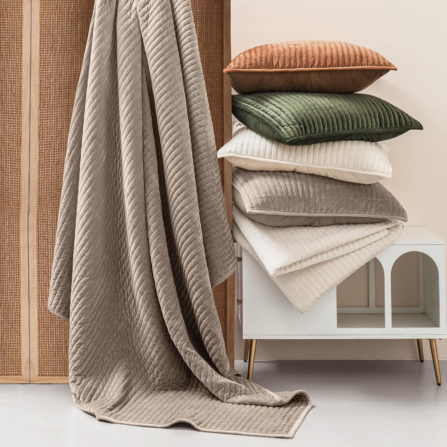 SHALALA – Edredón de terciopelo tamaño Queen, juego de ropa de cama a rayas, edredón de terciopelo ligero, lujosa y acogedora colcha de gamuza con