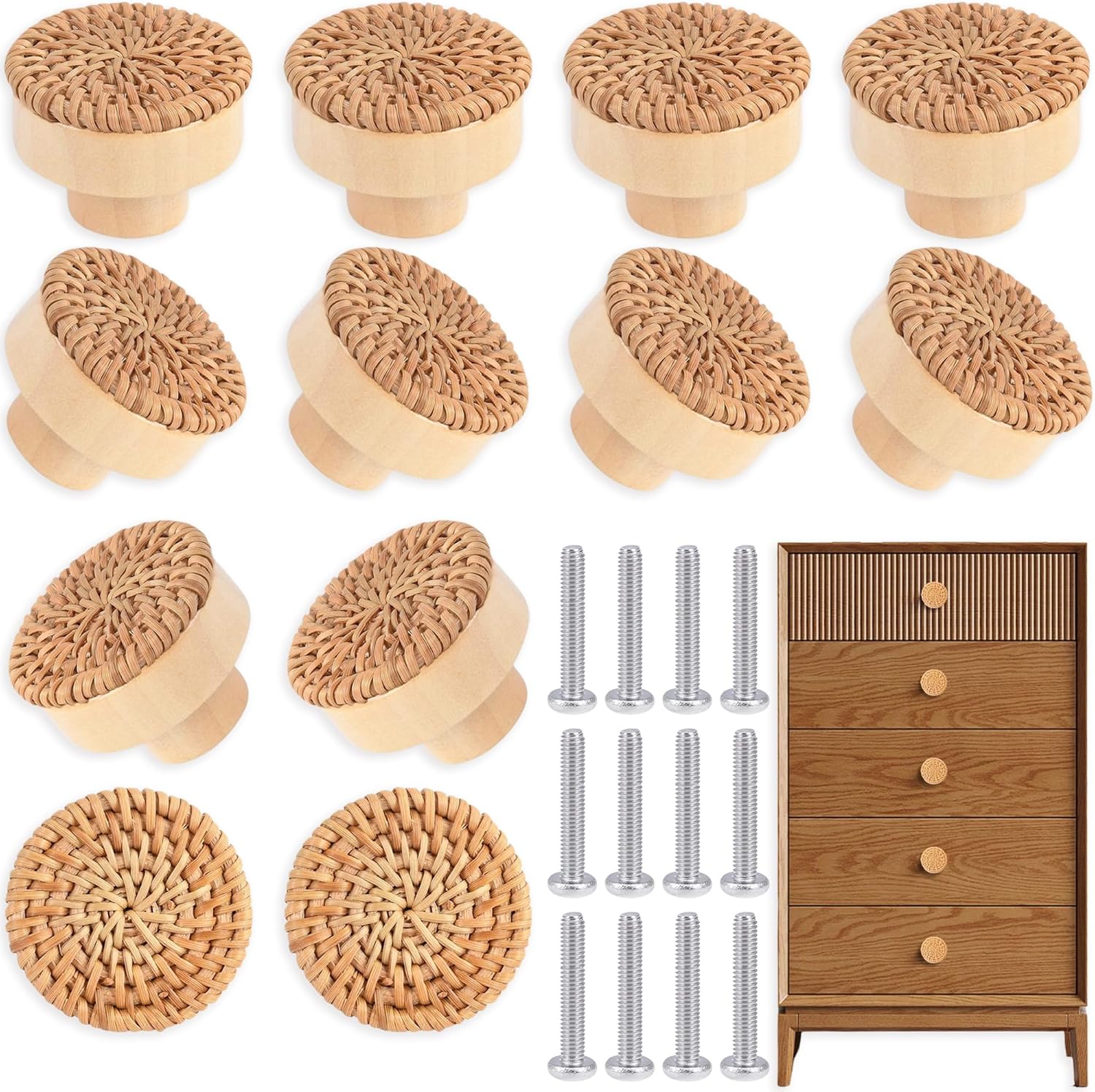 ETIUC 12 pomos de ratán para cajones, pomos bohemios de madera hechos a mano, perillas de madera para cajones, herrajes de mimbre tejido bohemio