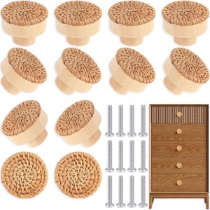 ETIUC 12 pomos de ratán para cajones, pomos bohemios de madera hechos a mano, perillas de madera para cajones, herrajes de mimbre tejido bohemio ETIUC 12 pomos de ratán para cajones, pomos bohemios de madera hechos a mano, perillas de madera para cajones, herrajes de mimbre tejido bohemio