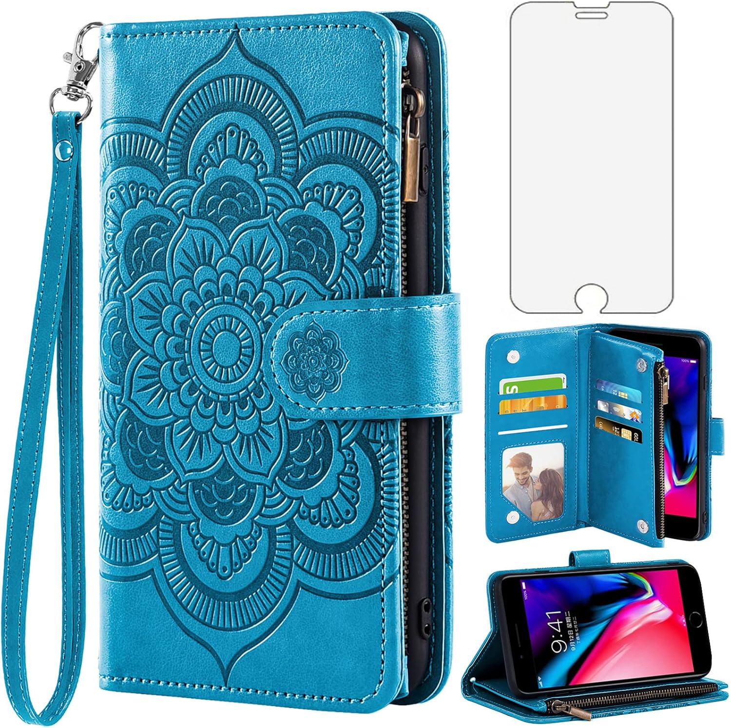 Asuwish Compatible con iPhone 7plus 8plus 78 Plus Funda tipo cartera y protector de pantalla de vidrio templado, funda de cuero con tapa para