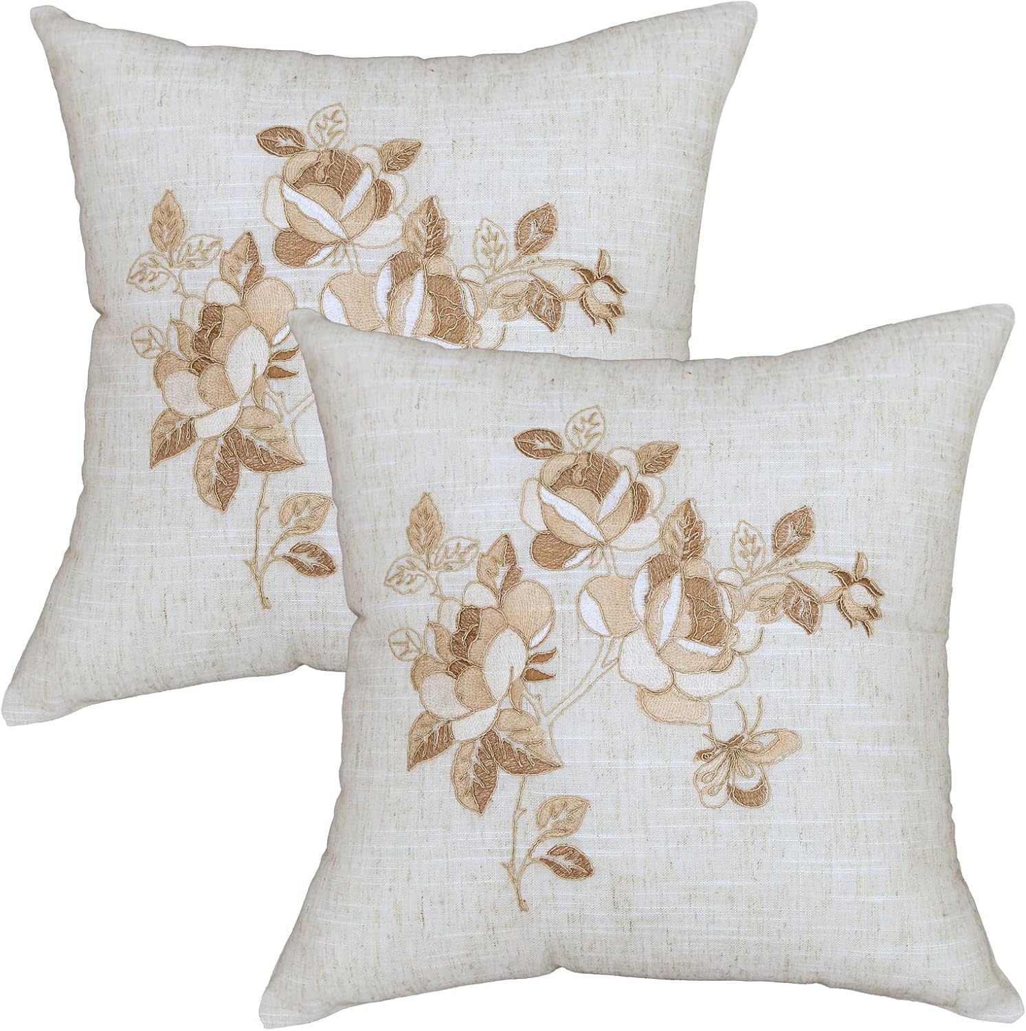 Juego de 2 fundas de almohada de 18 x 18 pulgadas, color beige, suaves, con decoración de granja y rosa beige, exquisitas fundas de cojín bordadas