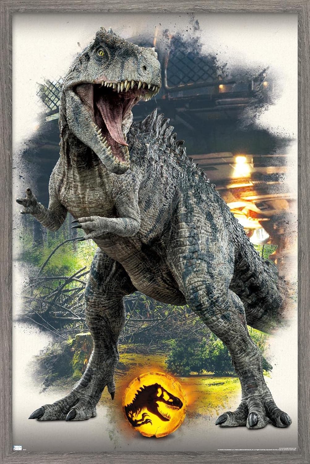 Trends International Jurassic World Dominion – Póster de pared focal Giganotosaurus, 14.725 x 22.375 pulgadas, versión enmarcada de madera de granero