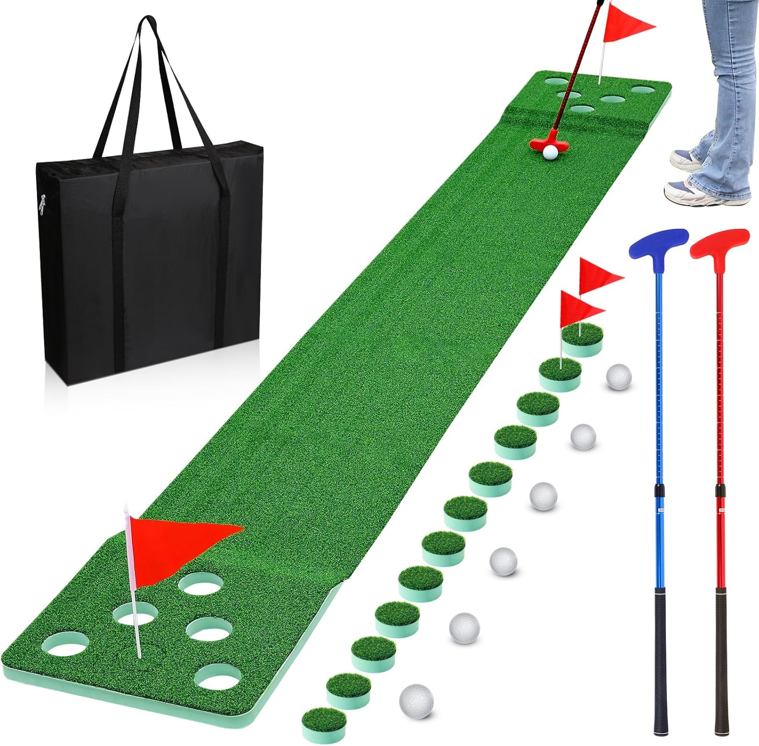 Juego de putting de golf de 11 pies, cubierta de 2 agujeros con bandera, 6 pelotas de golf, 10 cubiertas para agujeros de golf, 1 bolsa, 2 tapetes