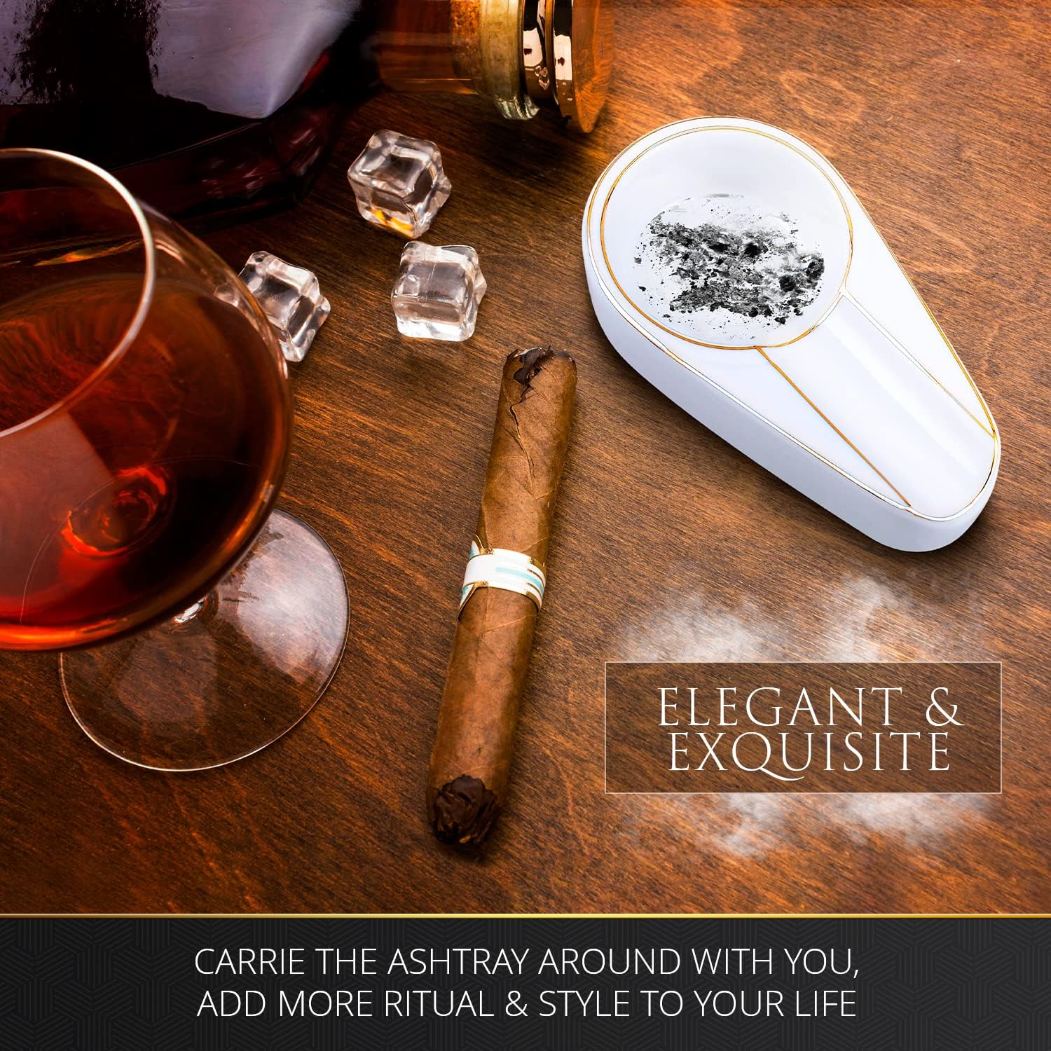 Cenicero de cigarros, cenicero de lujo de cerámica dorada portátil de viaje con ranura redonda para cenizas, accesorios para fumar en interiores y