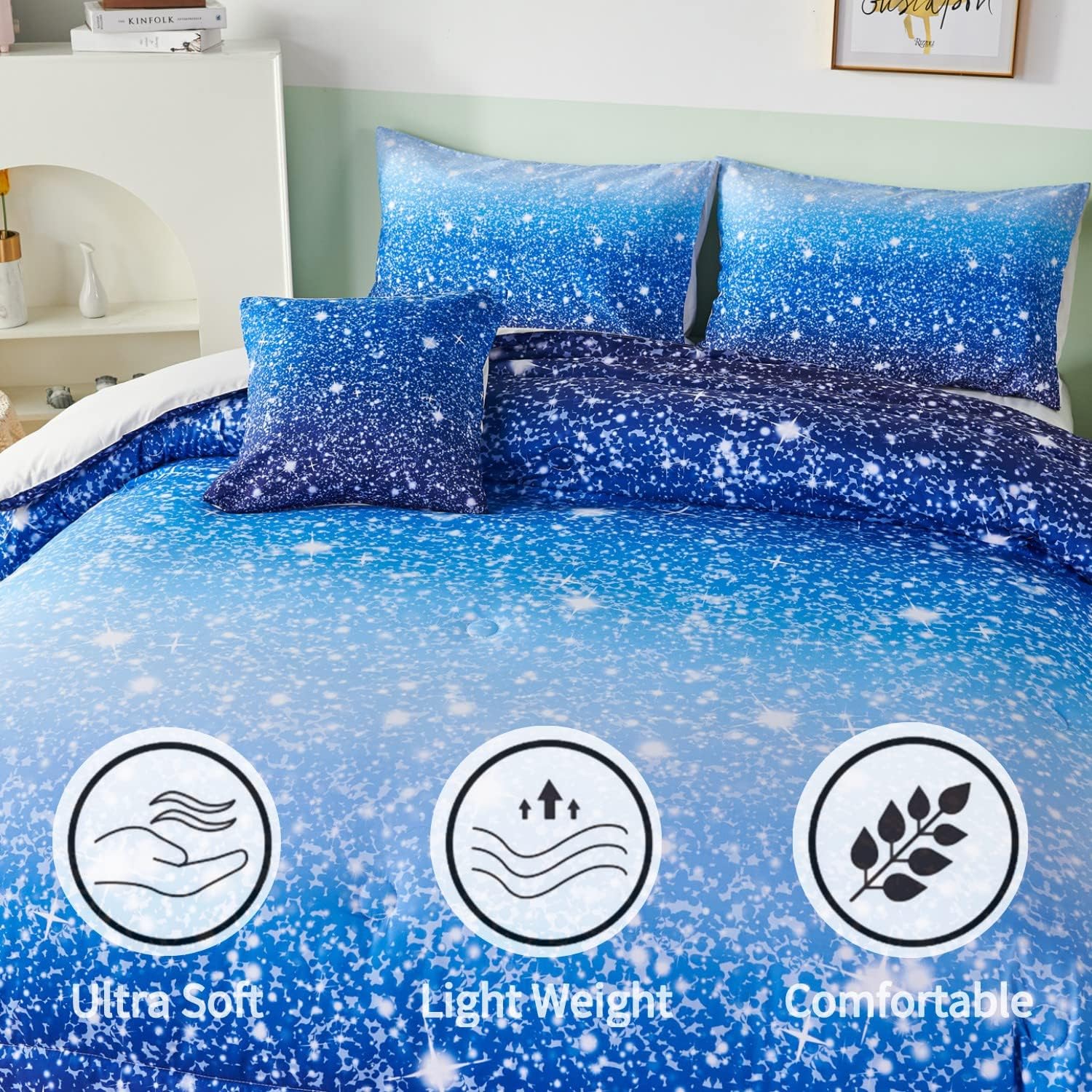 RYNGHIPY Juego de 6 piezas de edredón degradado azul aguamarina azul marino degradado con sábanas de fundas de almohada, tamaño matrimonial,