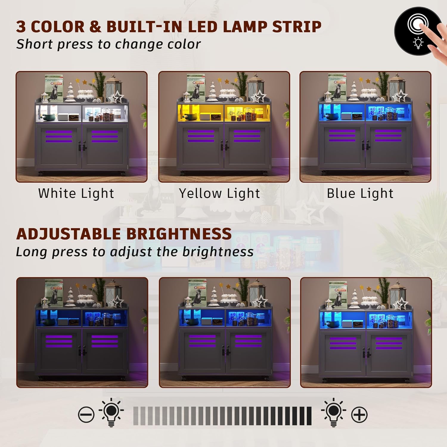 FOMNEY Caja de arena para gatos, mueble oculto con cuerpo humano, 3 luces LED de color, jaula para gatos con 2 cajones abiertos y 1 puerto USB, casa