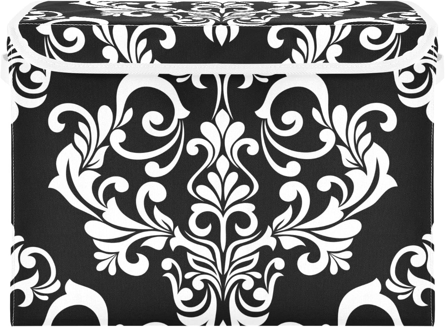Cesta de almacenamiento con diseño floral barroco de damasco negro con tapas y asa, cubo de almacenamiento grande plegable para estantes, armario,