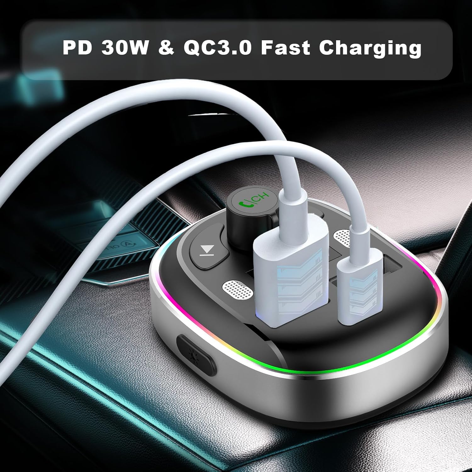 Adaptador de coche Bluetooth 5.3 – Transmisor FM Hinrey de 48 W (PD 30 W y QC3.0) – Transmisor de radio de micrófono dual Bluetooth compatible con