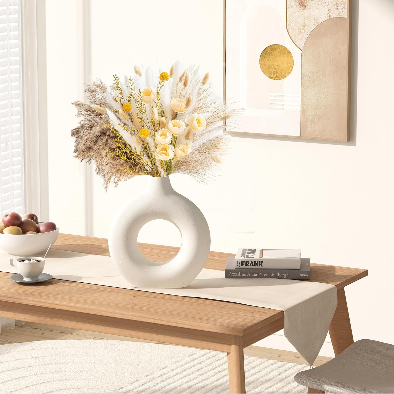 Jarrón bohemio de cerámica blanca, jarrón Dount para pampas, estilo minimalista nórdico, jarrones de flores mate para granja, sala de estar, mesa,