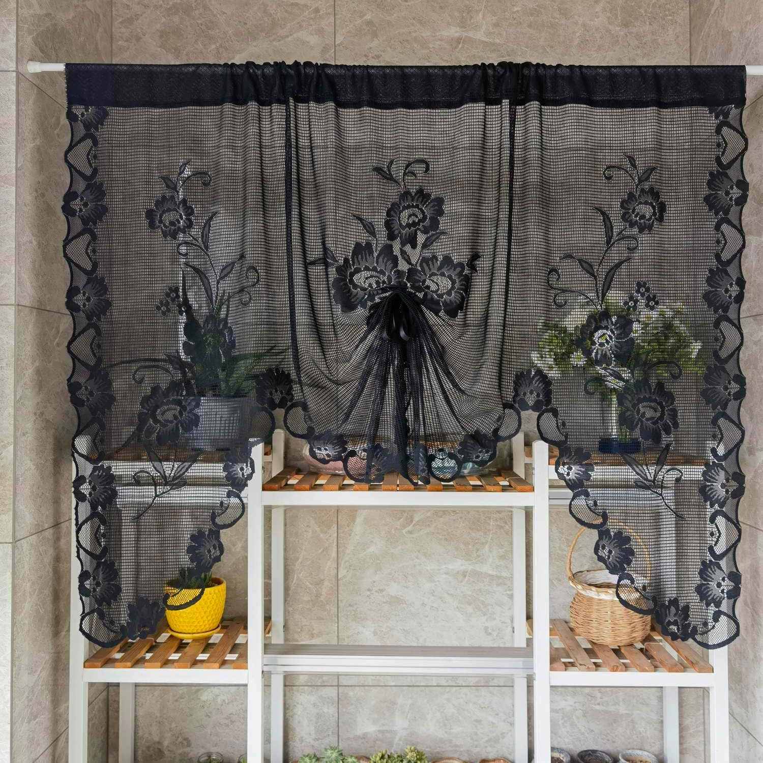 ZZC Cortina de encaje floral semitransparente, cortina con estampado de cascada para decoración de cocina, media ventana y baño (1 panel negro 1