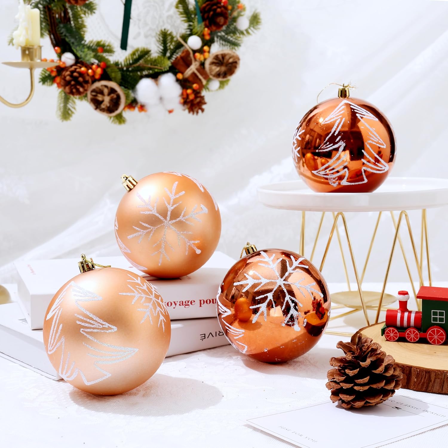 Esferas de adorno de Navidad, bolas de pintura extra grandes, juego de 4 pulgadas para colgar en el árbol (bronce)