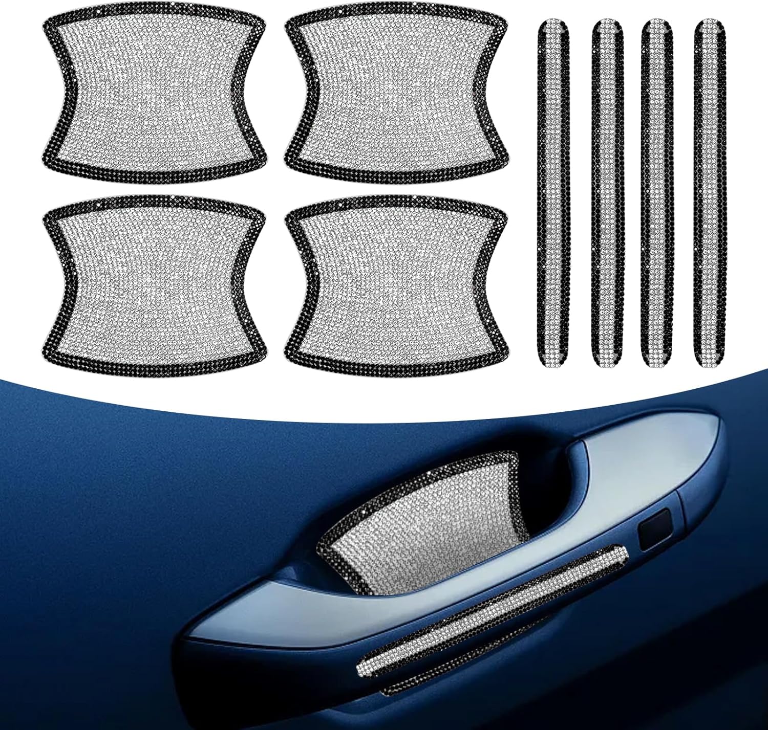 8 calcomanías brillantes para manija de puerta de automóvil, 3.9 x 3.1 pulgadas + 5.5 x 0.5 pulgadas, con incrustaciones de diamantes brillantes