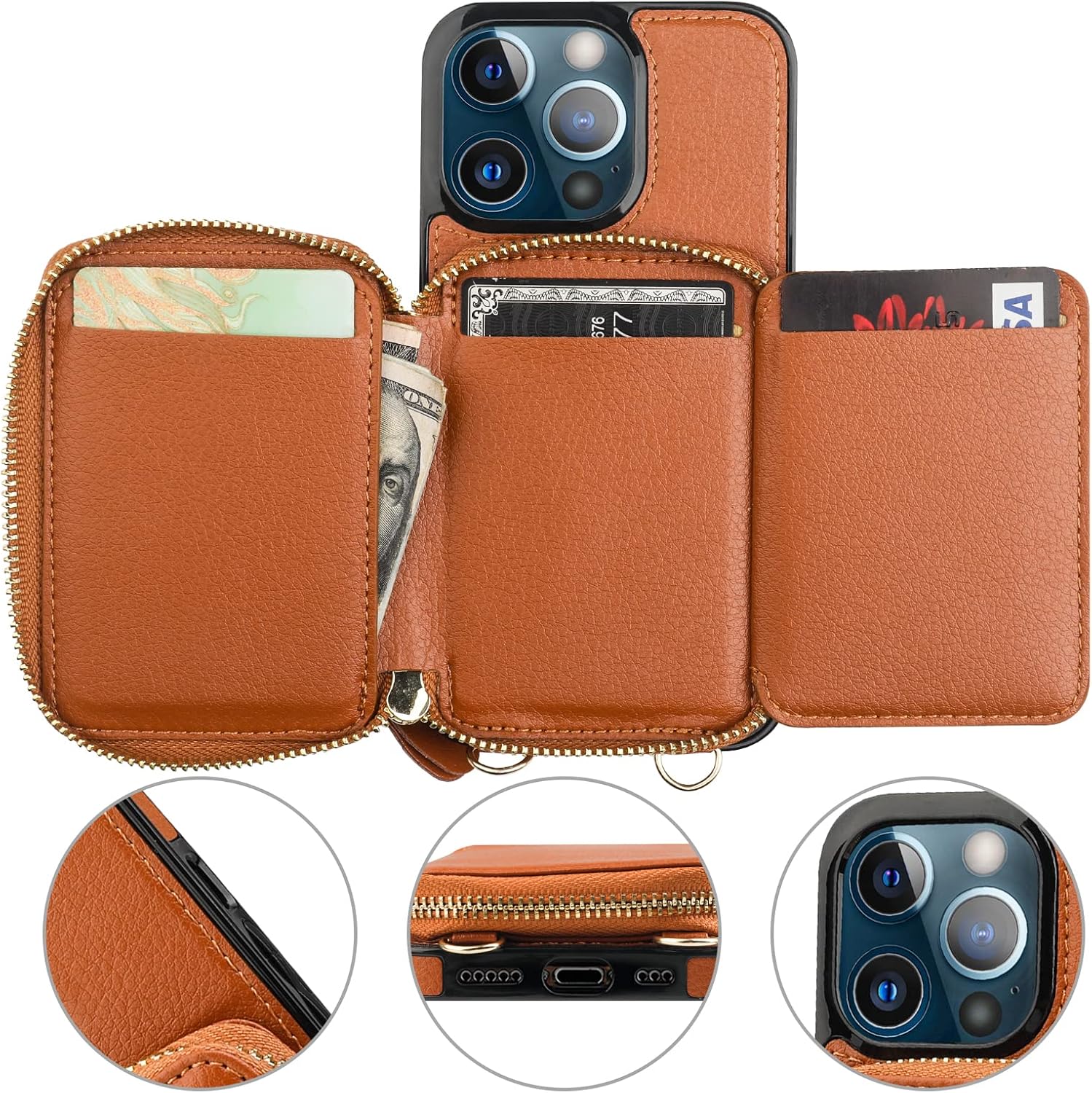 Bocasal Funda tipo cartera con bloqueo RFID para iPhone 13 Pro, funda cruzada ajustable con cremallera, tarjetero con función atril y correa de