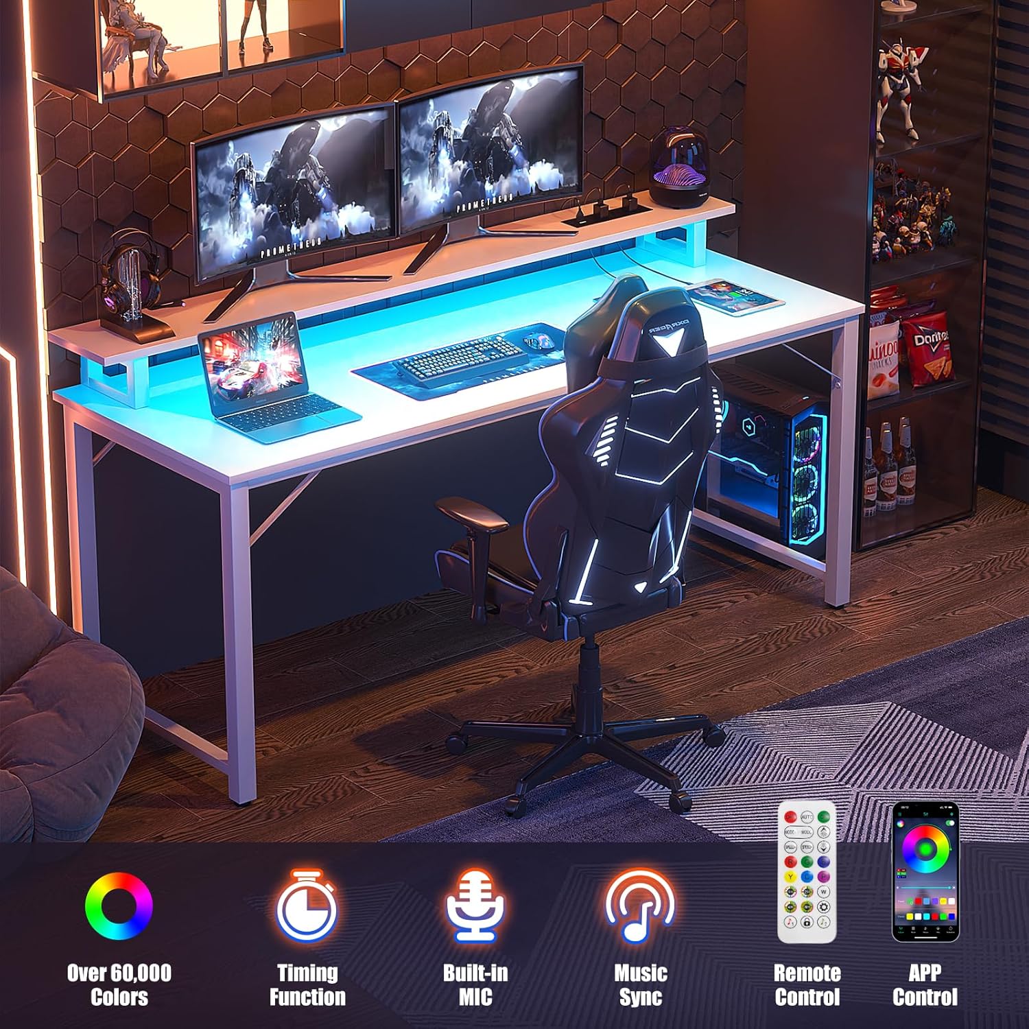 Escritorio para computadora con tomas de corriente USB y luces LED, escritorio de juegos de 55 pulgadas con soporte para monitor para espacio