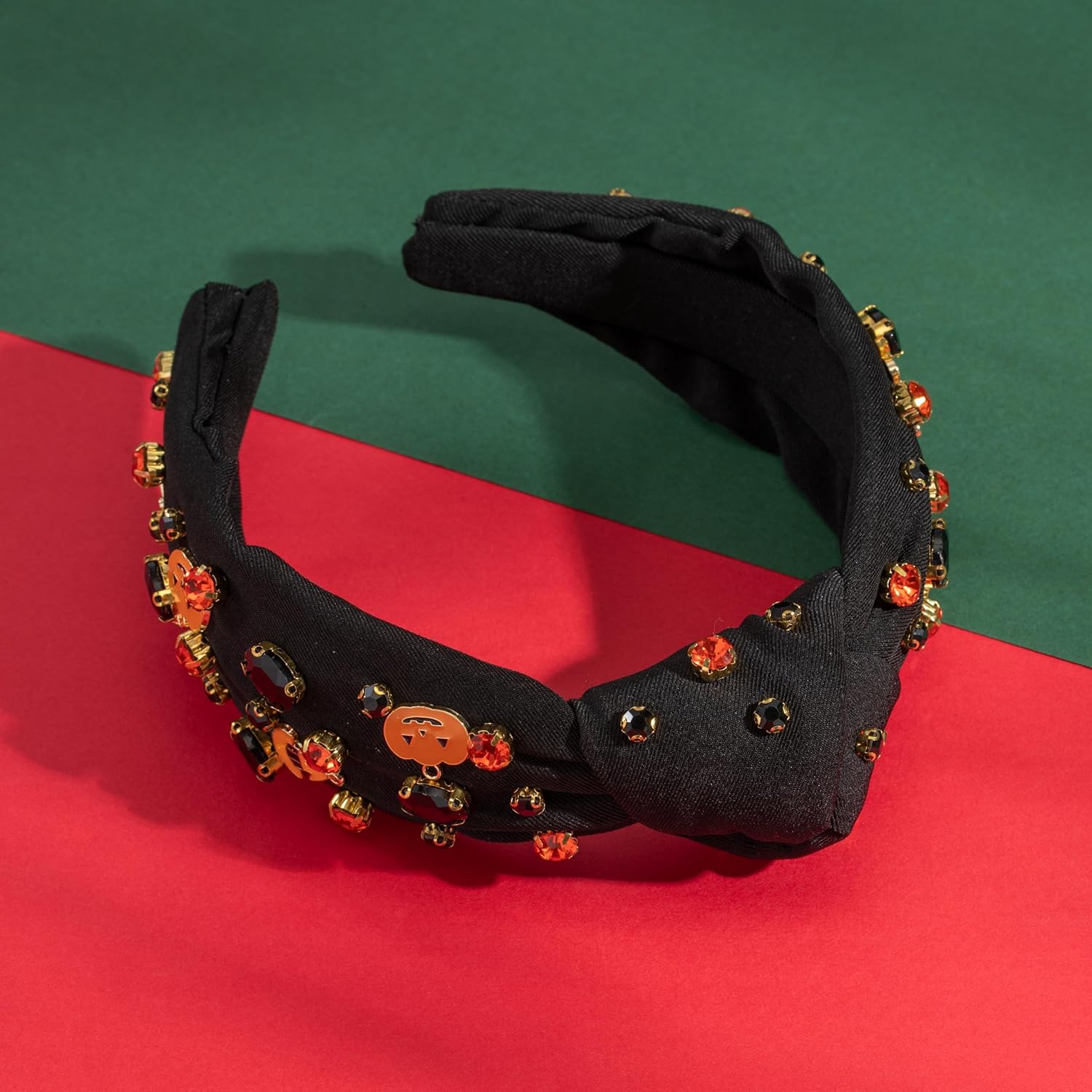 Diadema anudada con diamantes de imitación de Halloween para mujer, sombrero de calabaza de Halloween, adornado con parte superior mixta, banda