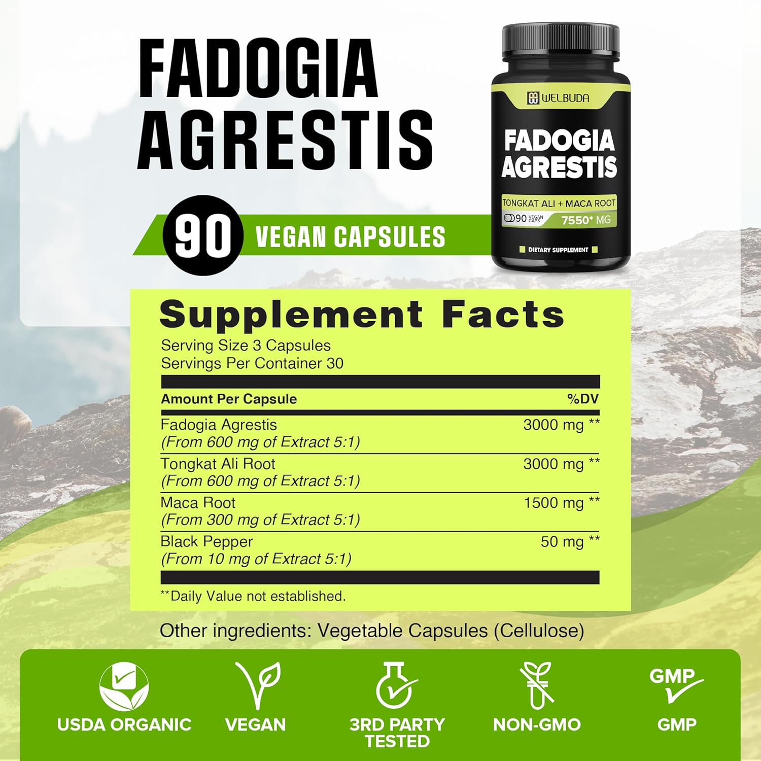 WELBUDA 4 en 1 Fadogia Agrestis Suplemento 7550mg  90 cápsulas  Extra fuerte con Tongkat Ali, raíz de maca y pimienta negra  Apoyo para la