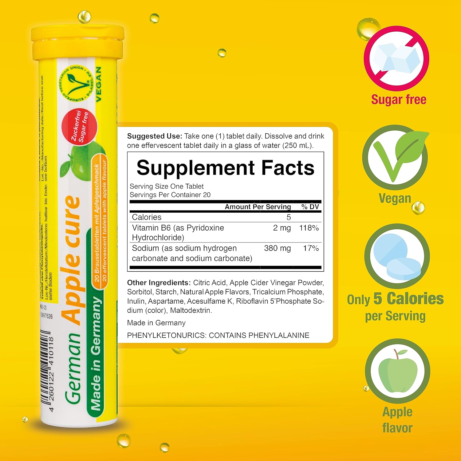 T&D German Apple Cure – 240 tabletas efervescentes veganas – Sabor a manzana – Fabricado en Alemania
