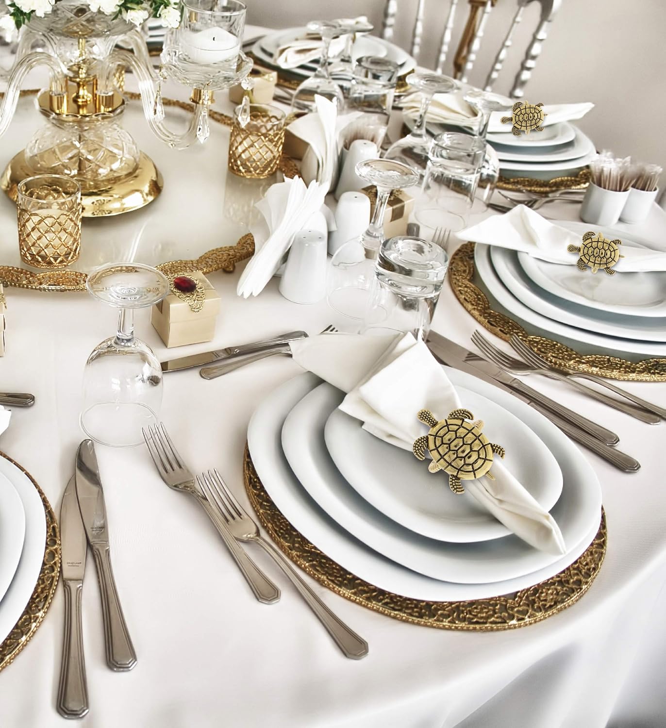 KitchaBon Juego de 6 servilleteros dorados, juego de 6 servilletas para decoración de mesa, servilleteros para cenas familiares, banquetes elegantes