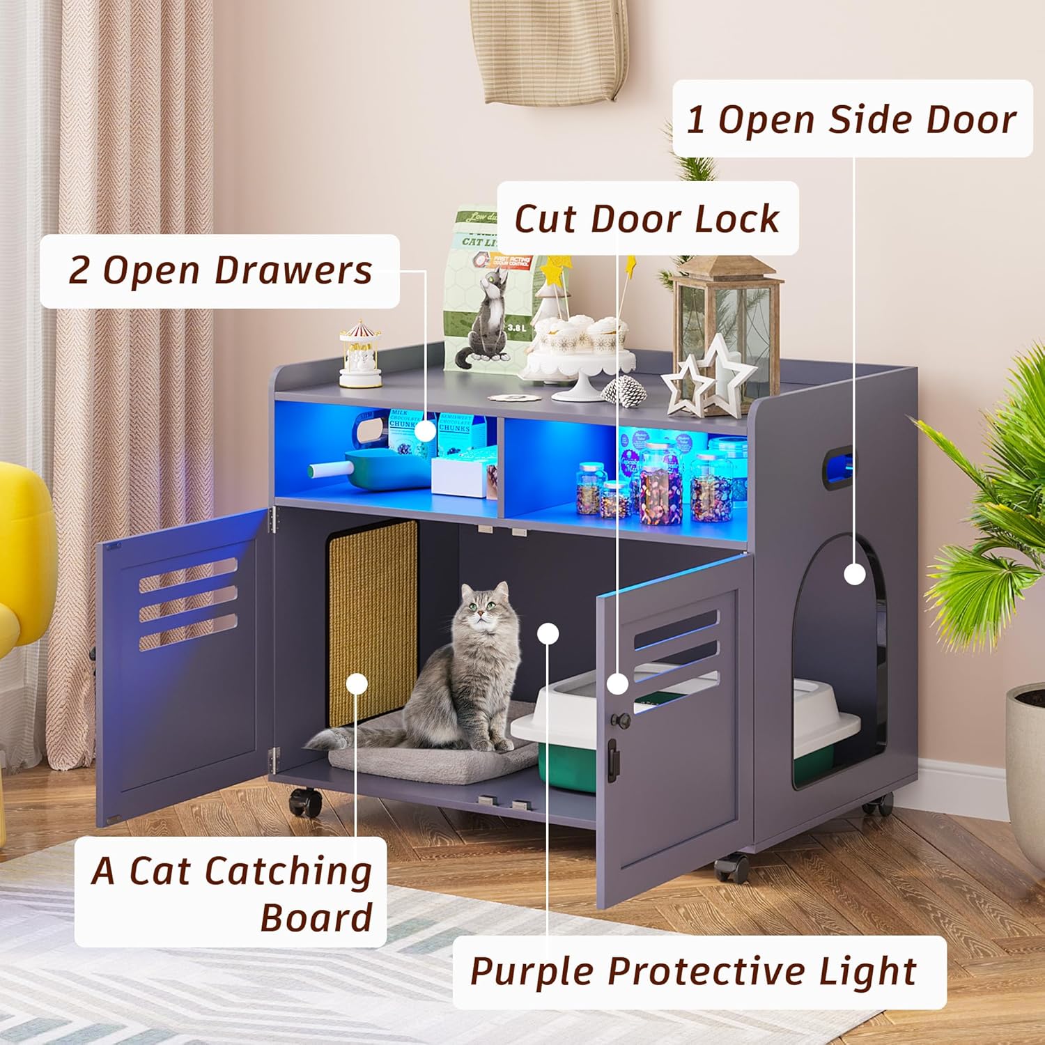 FOMNEY Caja de arena para gatos, mueble oculto con cuerpo humano, 3 luces LED de color, jaula para gatos con 2 cajones abiertos y 1 puerto USB, casa