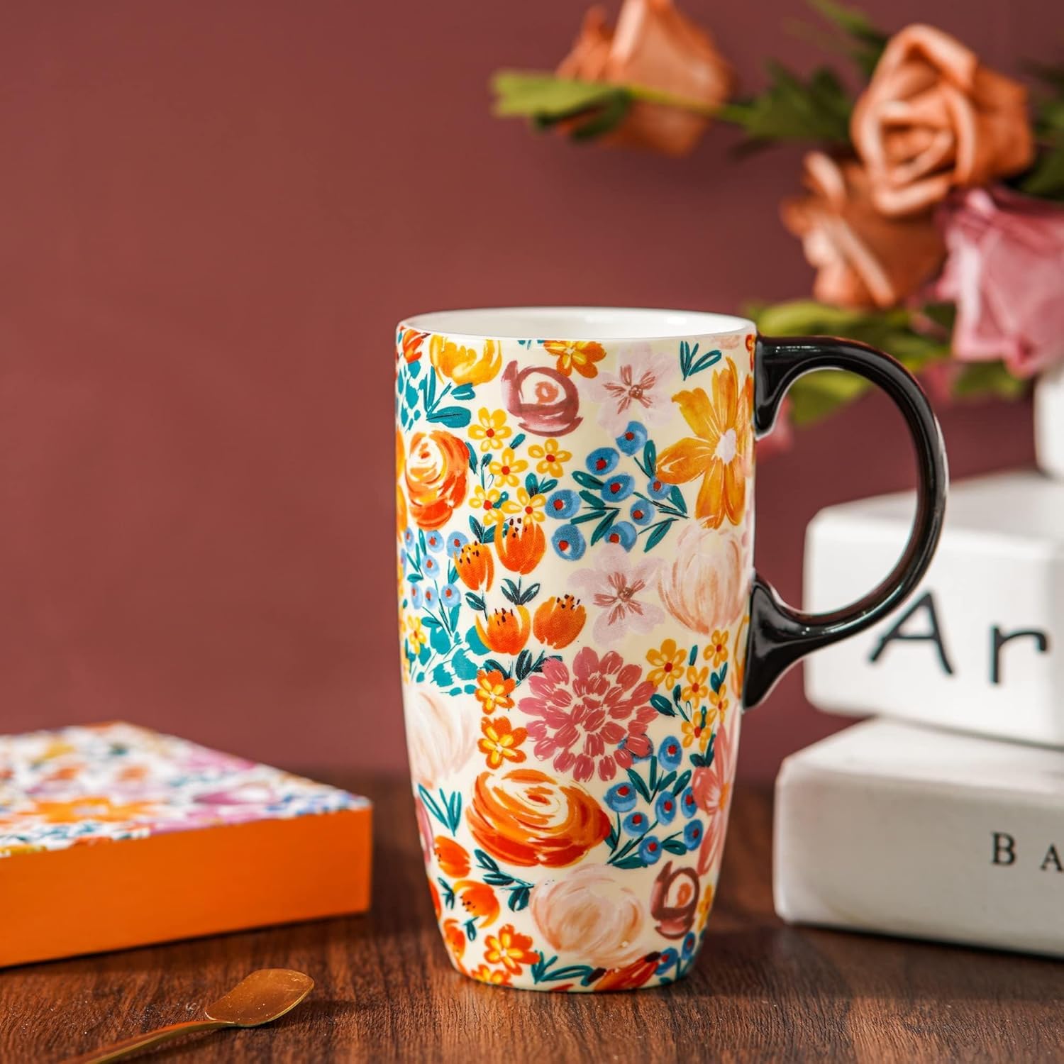 Topadorn Taza de viaje de cerámica de 17 onzas con tapa deslizante y asa resistentes a las salpicaduras, taza de café de cerámica grande para