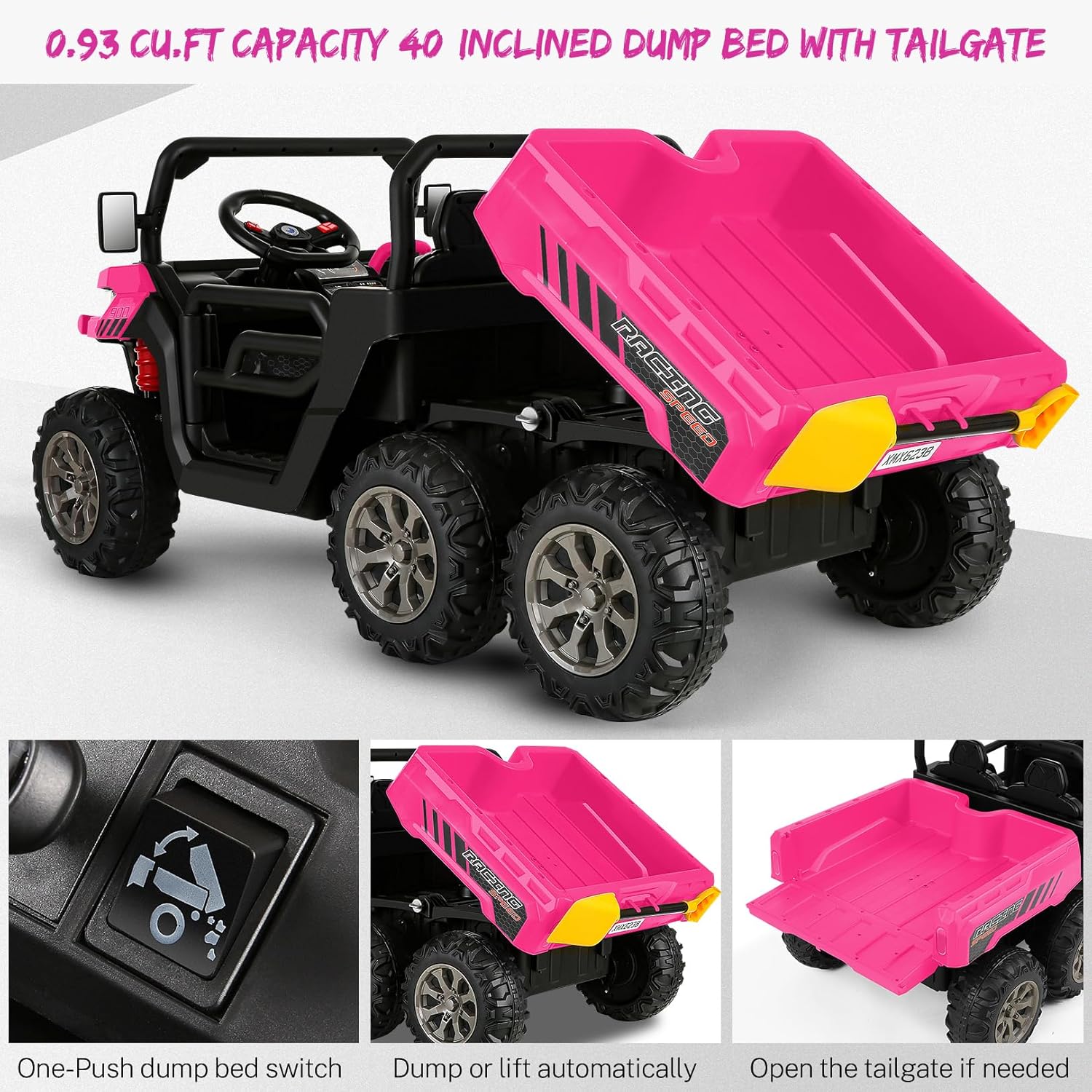 Hikole Vehículo UTV de 2 plazas para niños, 24 V, 6 x 6, 4 WD, auto eléctrico para niños con control remoto, 6 ruedas, cama volquete, música,