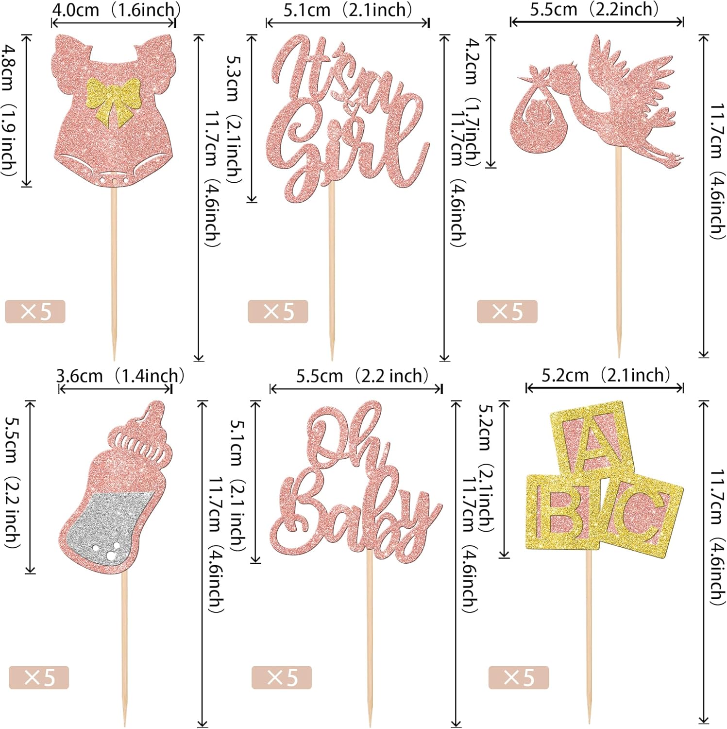 30 piezas de decoración de cupcakes para baby shower, vestido con lazo con purpurina, biberón para cupcakes “It’s a Girl”, decoración de pasteles