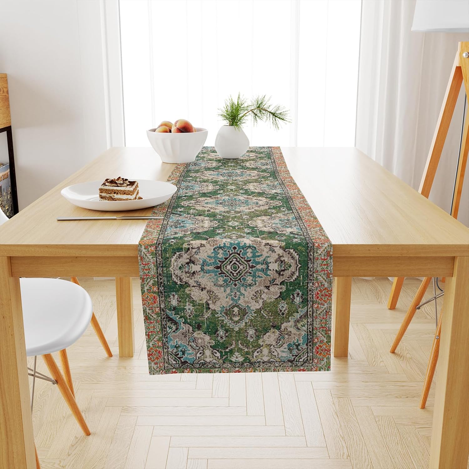 Snycler Camino de mesa bohemio persa turco, camino de mesa bohemio, vintage, elegante, rústico, geométrico, mesa auxiliar, decoración de lino para