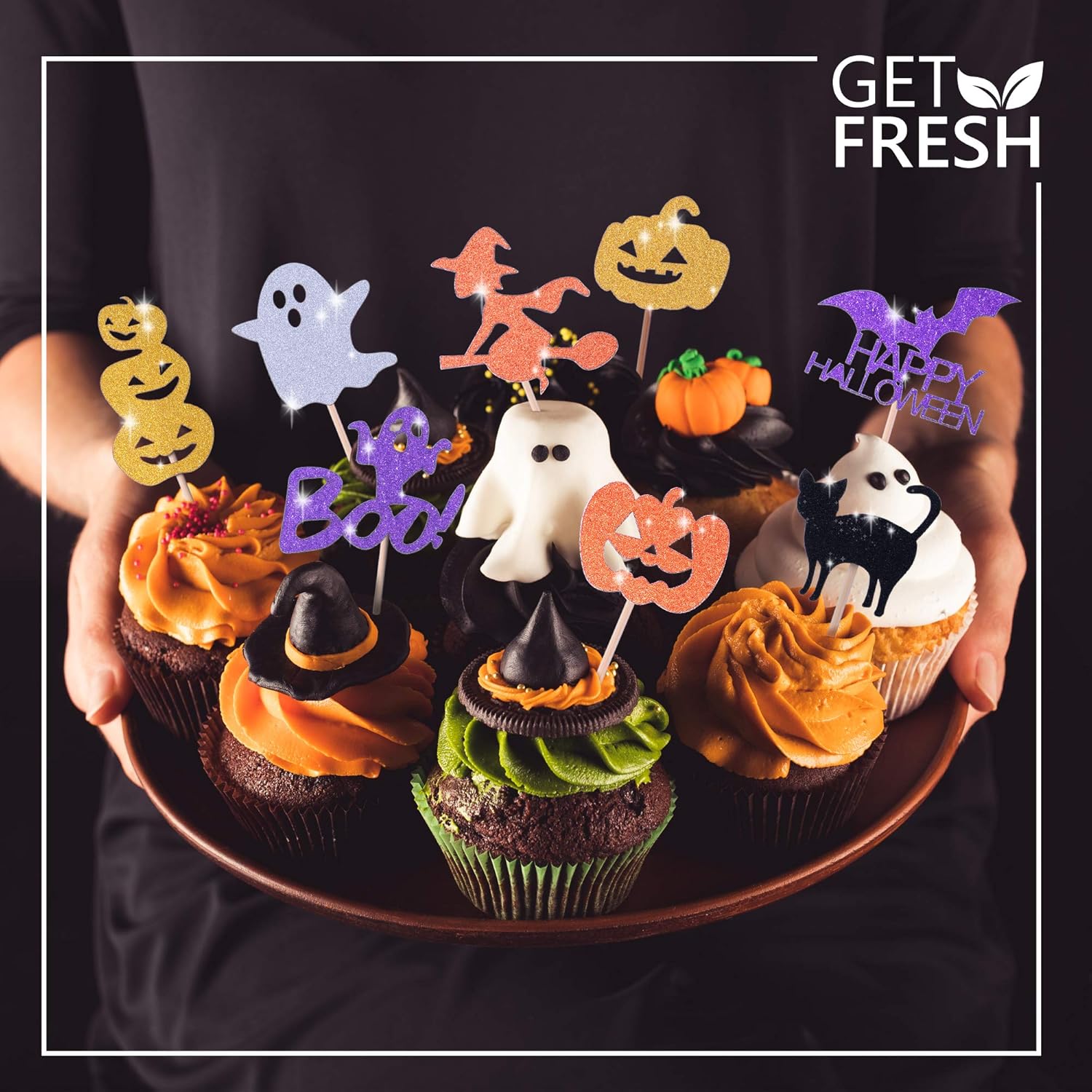 Juego de adornos para cupcakes de Halloween, juego de 28 piezas brillantes, estrella fantasma de bruja murciélago, decoración de palillos de comida