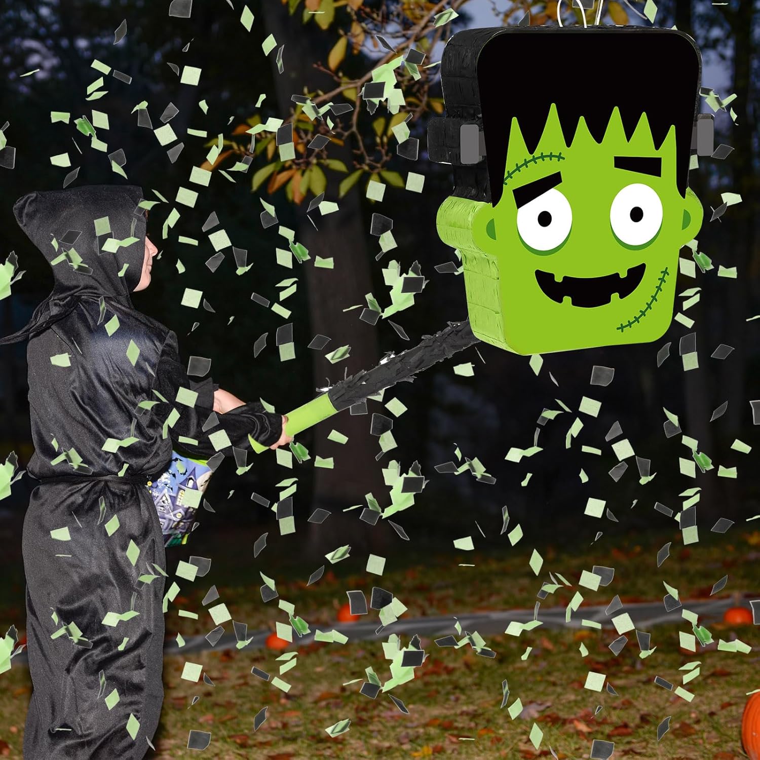 Aoriher Piñata de Halloween, piñata verde, piñata diablo, piñata mexicana con palo vendados y confeti para Halloween, cumpleaños, fiesta,