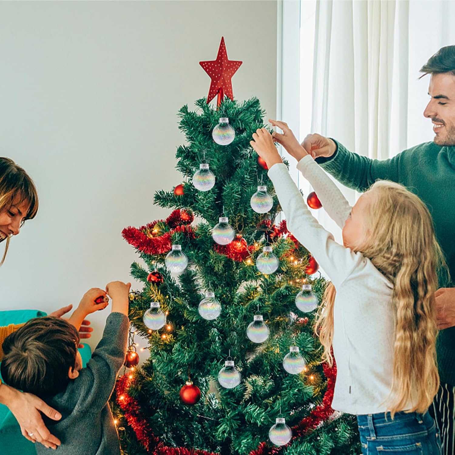 12 adornos de bolas de Navidad iridiscentes, bolas de adorno rellenables de plástico transparente de 2.36 pulgadas, bolas colgantes rellenables para