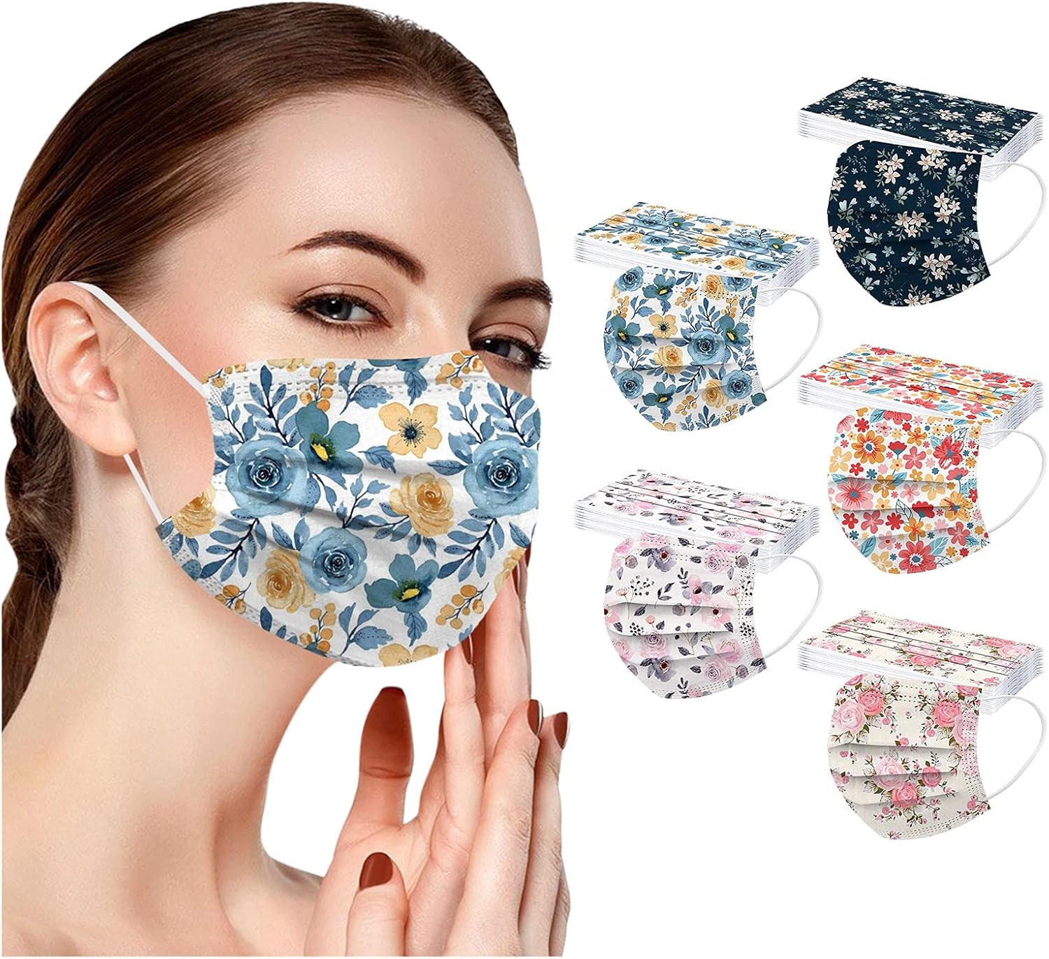 50 cubrebocas desechables con estampado floral de primavera con diseño para mujer, patrón de flores de 3 capas de protección con alambre para la