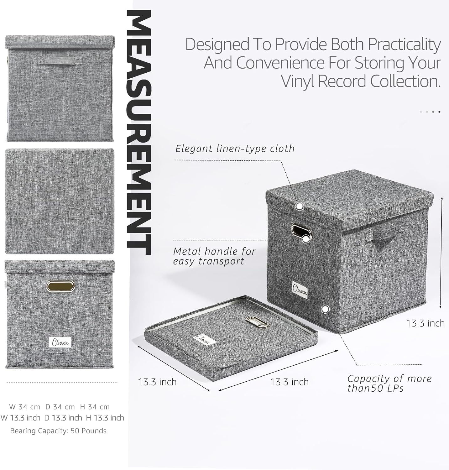 Juego de 2 cajas de almacenamiento de discos de vinilo almacenamiento para discos de vinilo con capacidad para más de 100 LP, contenedores