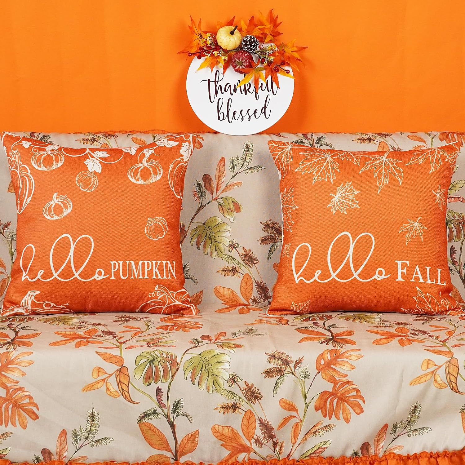 ONWAY Juego de 2 fundas de almohada otoñales de 18 x 18 pulgadas, diseño de calabaza, hojas de arce y calabaza, decoración para exteriores, patio,