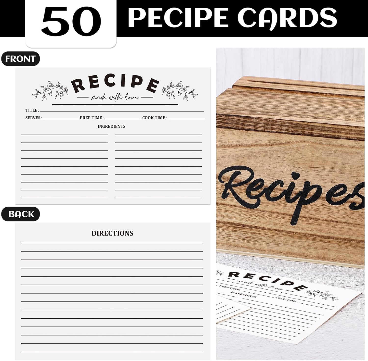 Hoteam Caja de recetas de madera con tarjetas y soporte para tarjetas de recetas de madera rústica con 50 tarjetas de recetas de 5 x 7 pulgadas,