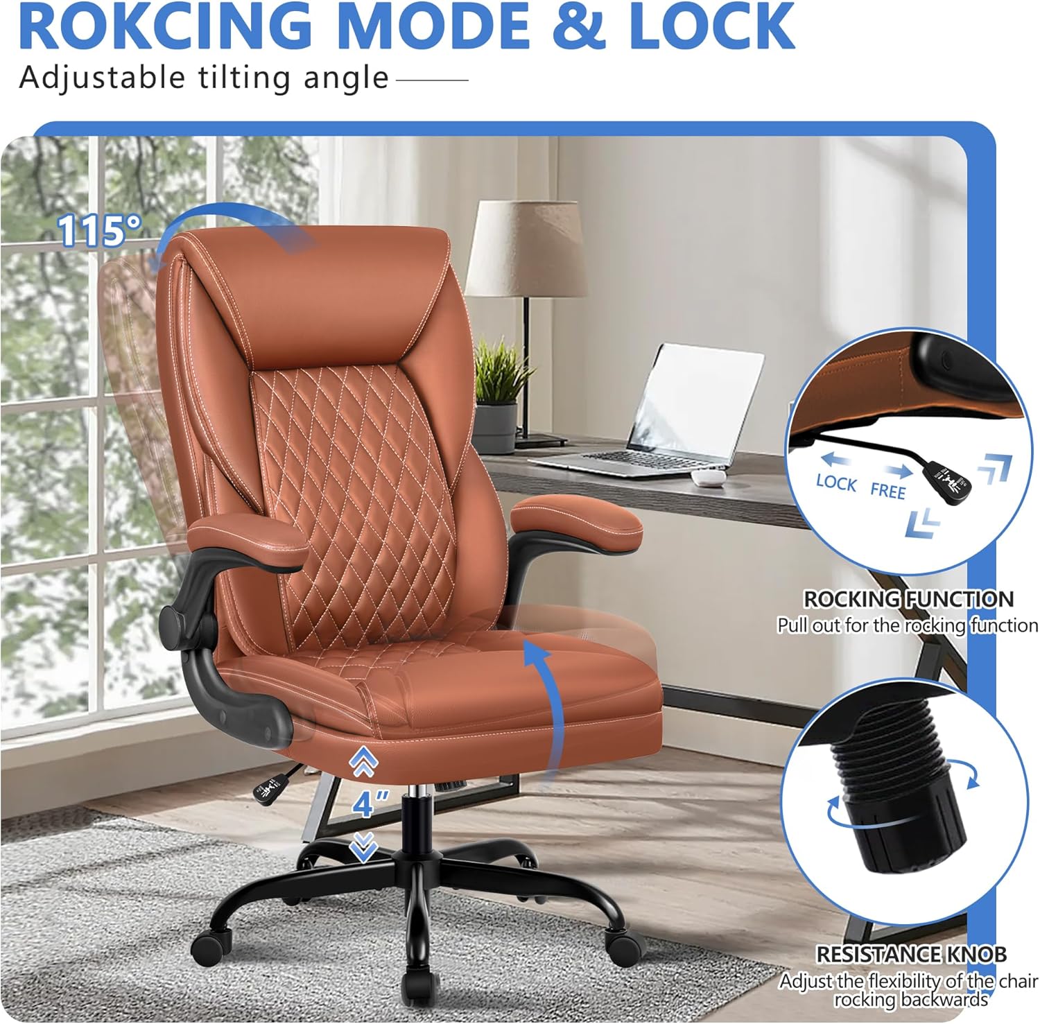 BestEra Silla de oficina ejecutiva, silla de oficina ergonómica de cuero grande y alta, sillas de escritorio de oficina en casa con brazos